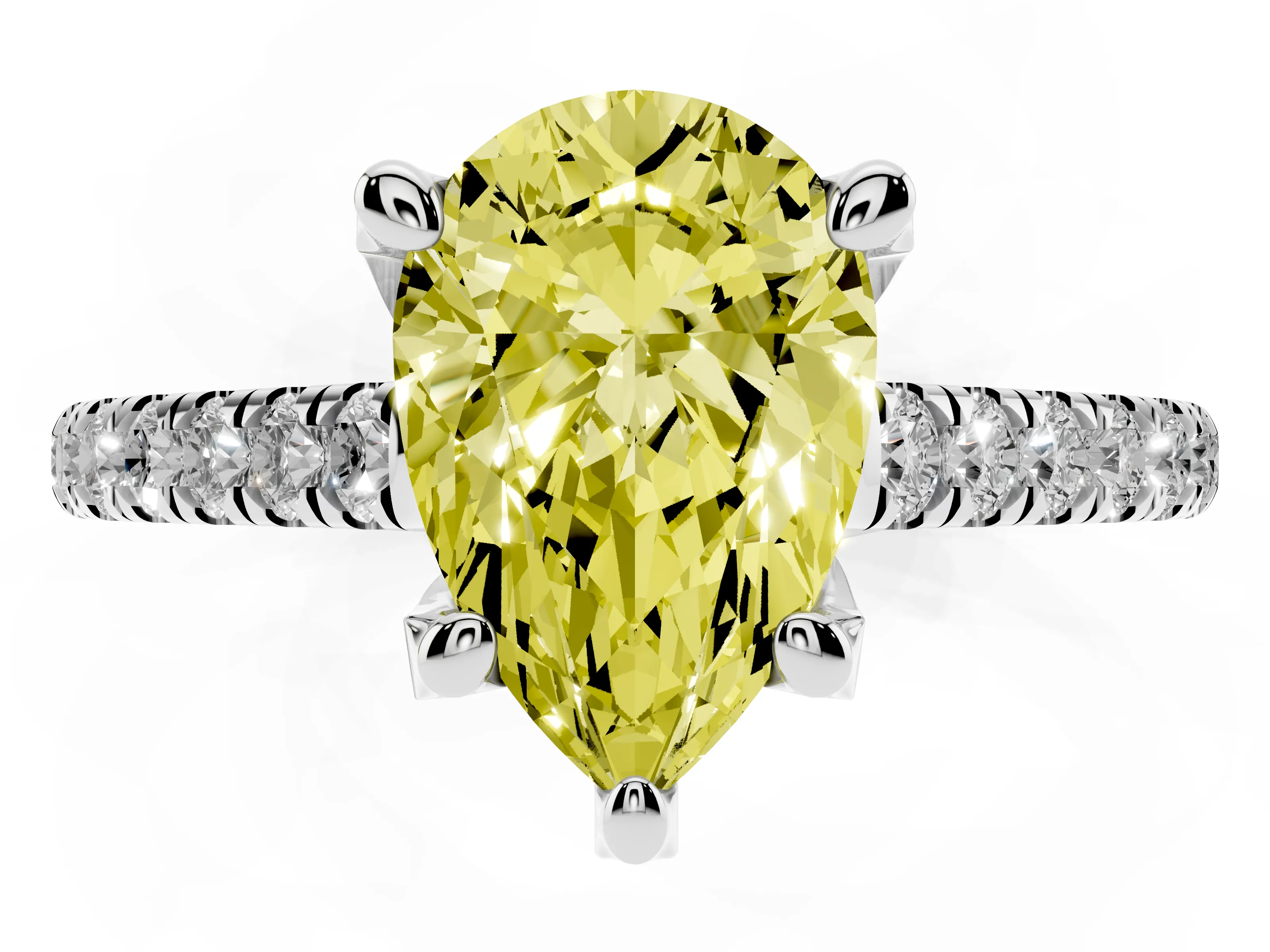 Fancy Yellow Pear Cut Diamond Solitaire Ring Set in Platinum with Brilliant Pavé Band and Prong Setting