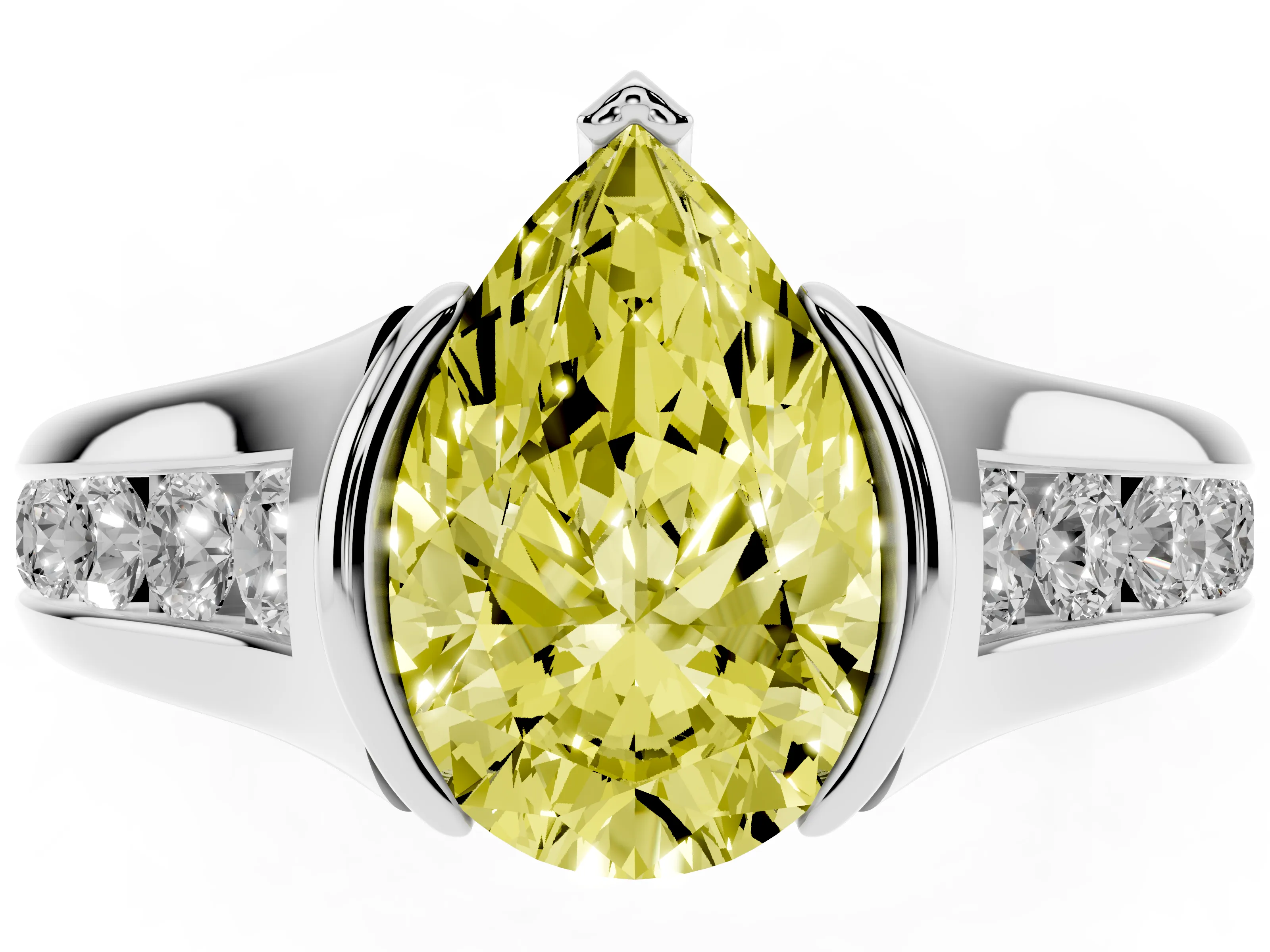 Fancy Yellow Pear Cut Diamond Bezel-Set Solitaire Ring Set in White gold with Channel-Set Band