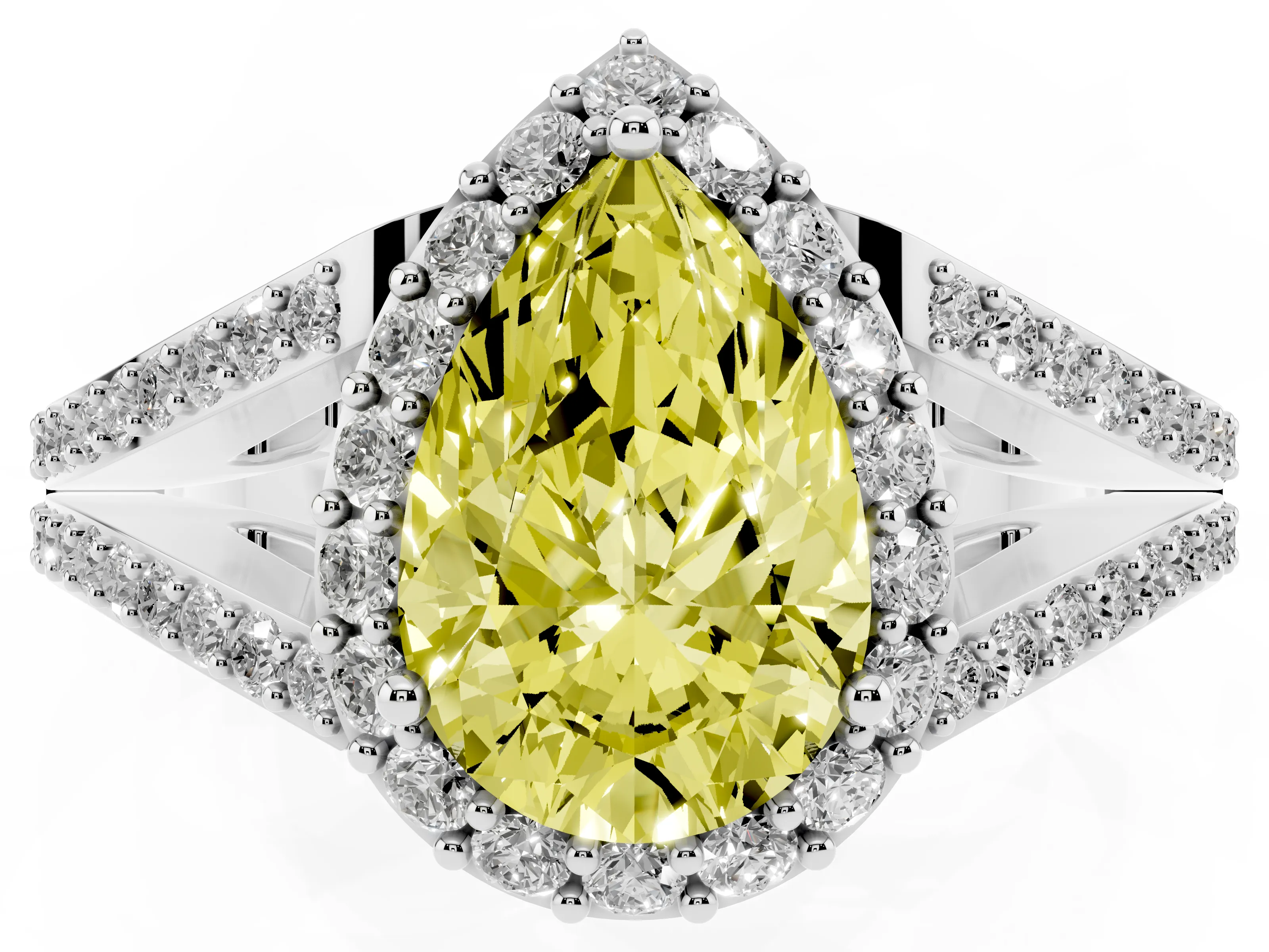 Fancy Yellow Pear Cut Diamond Halo Split Shank Pavé Ring Set in Silver with Prong Setting