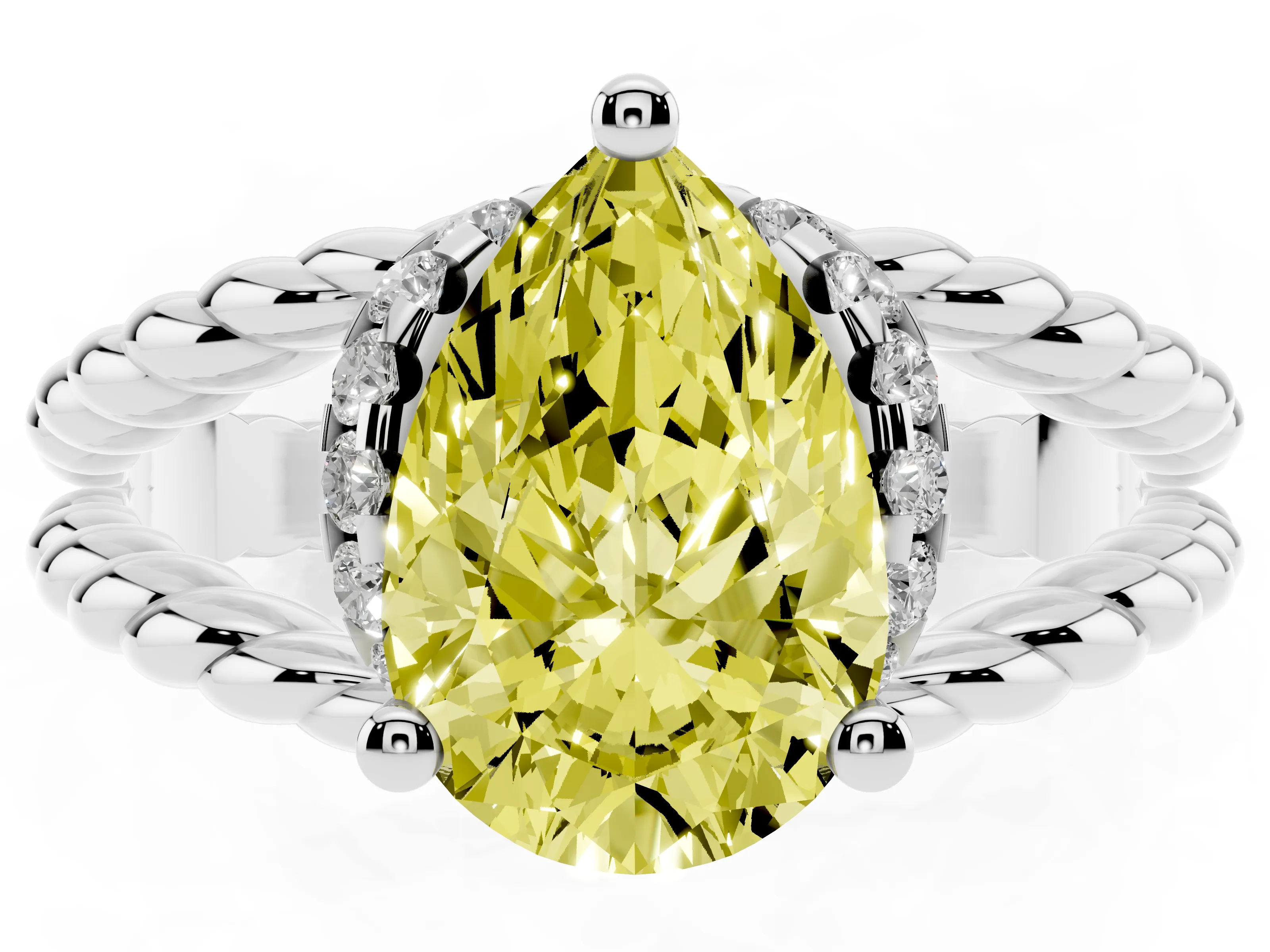 Fancy Yellow Pear Cut Diamond Halo Ring Set in White gold with Twisted Band and Prong Setting
