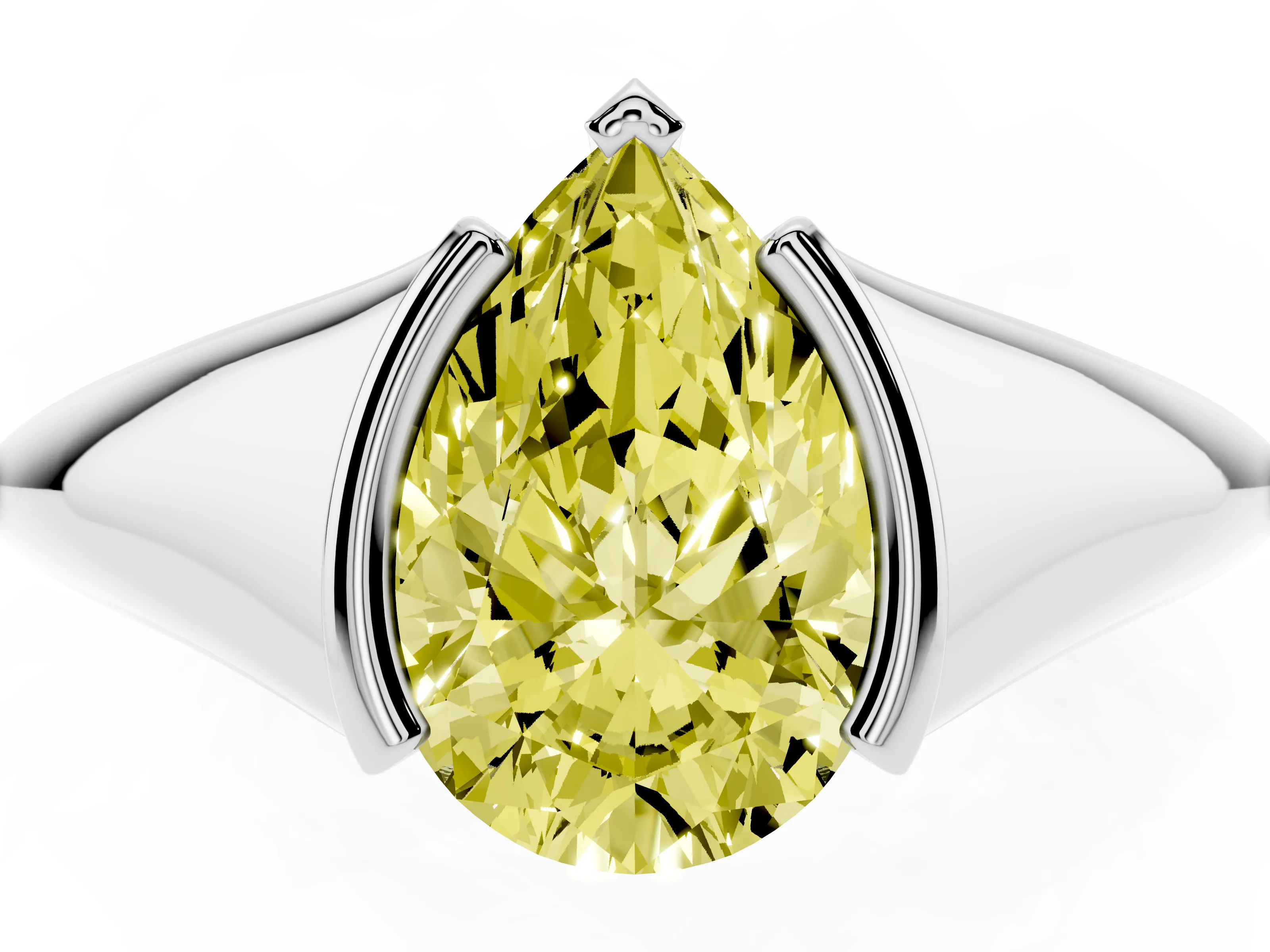 Fancy Yellow Pear Cut Diamond Solitaire Tension Set Ring Set in Silver
