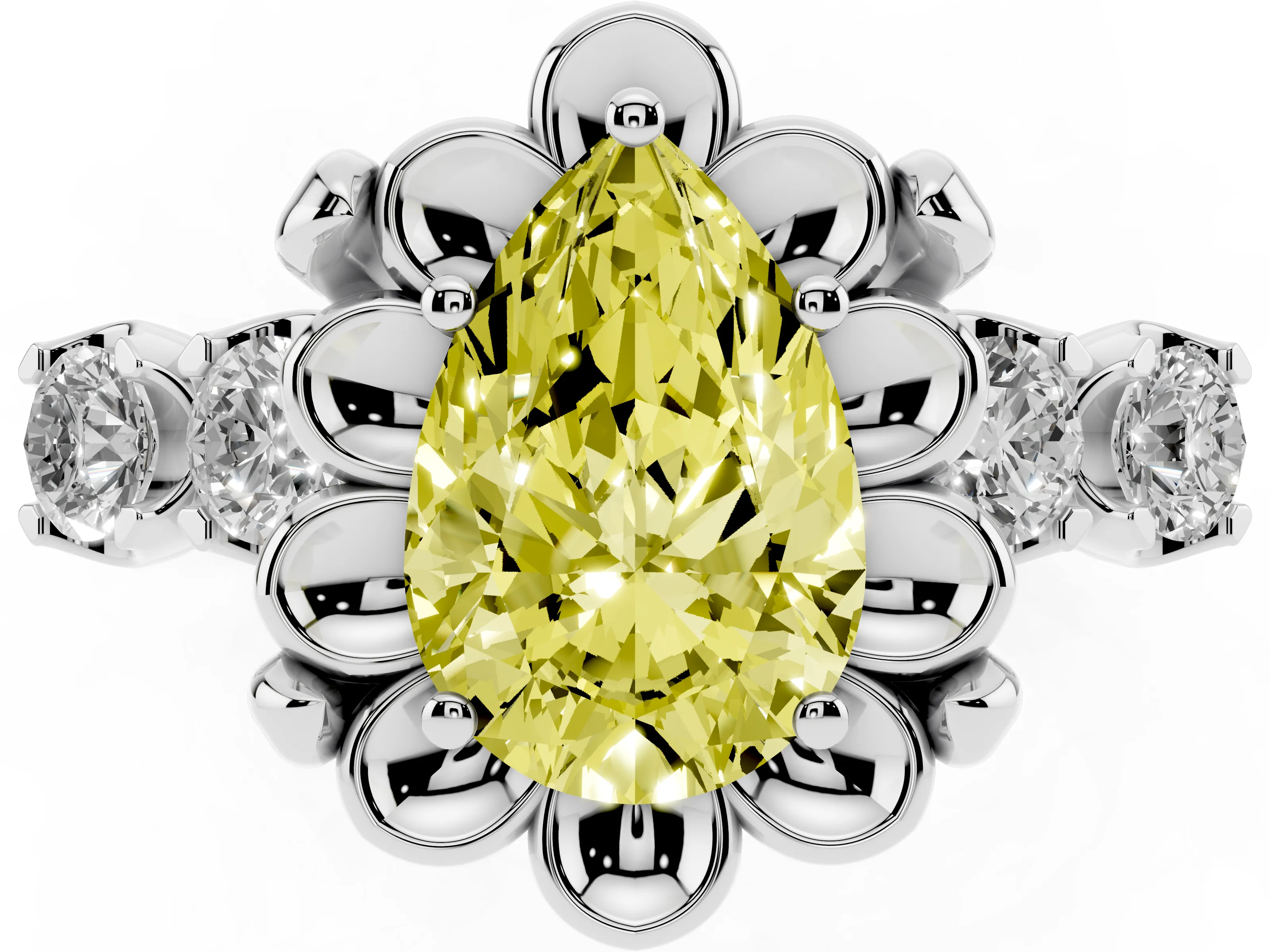 Fancy Yellow Pear Cut Diamond Floral Halo Ring Set in Platinum with Shared Prong Band