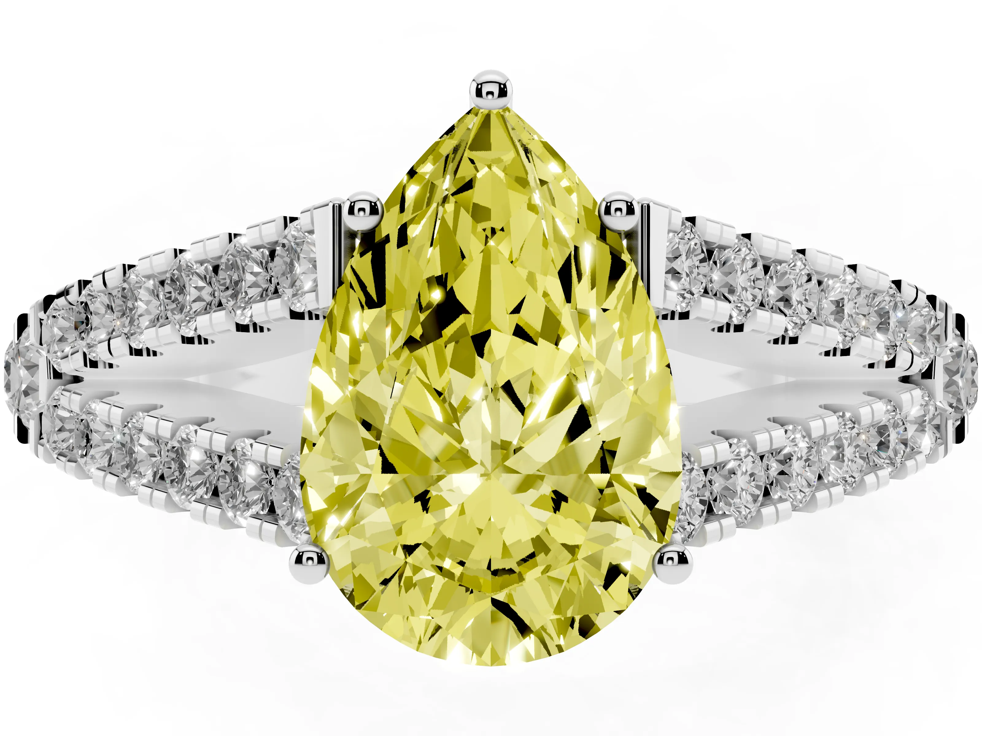 Fancy Yellow Pear Cut Diamond Split Shank Pavé Engagement Ring Set in Platinum with Prong-Held Center Stone