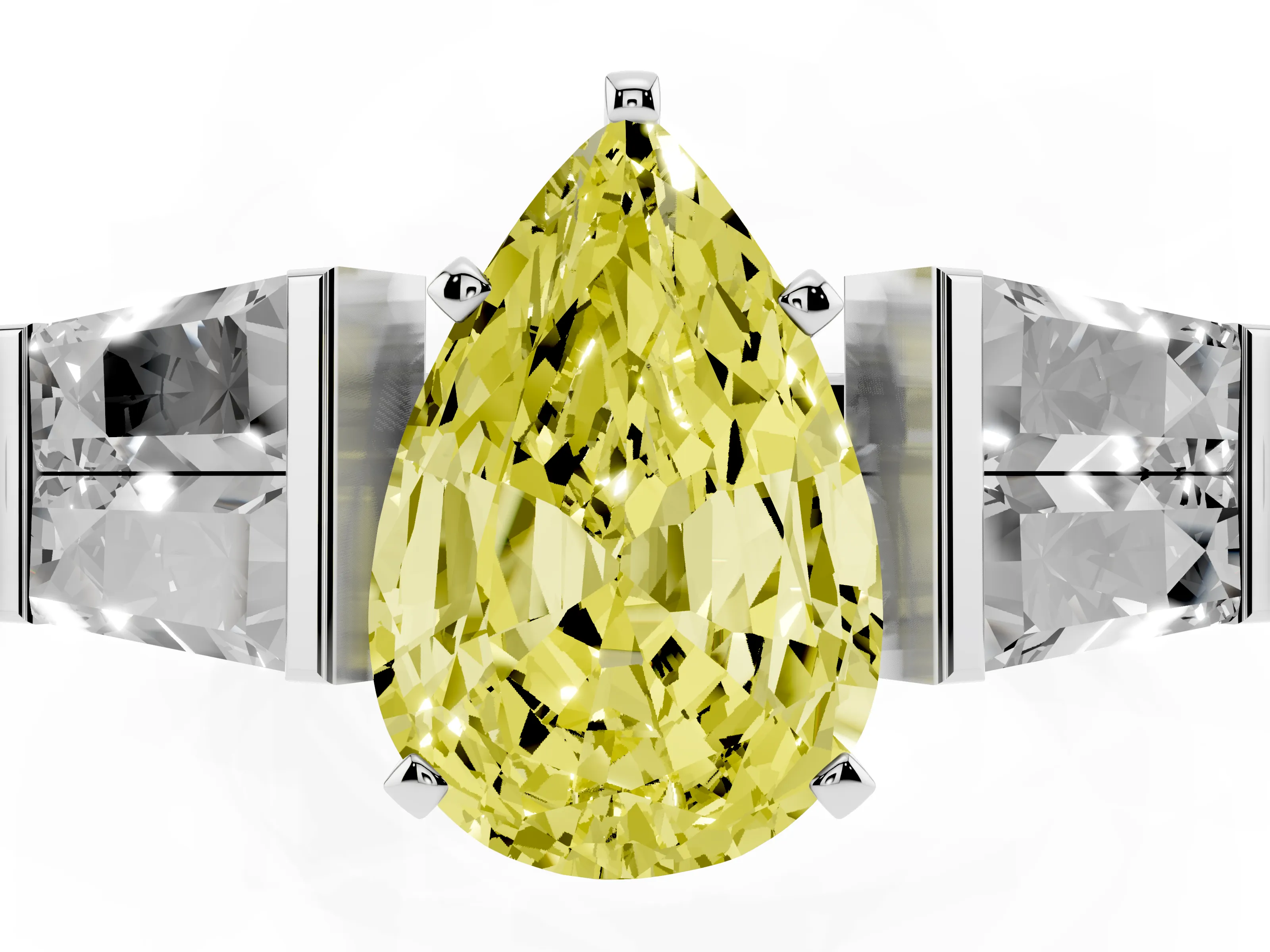 Fancy Yellow Pear Cut Diamond Engagement Ring Set in White gold with Baguette Side Stones and Channel Set Band