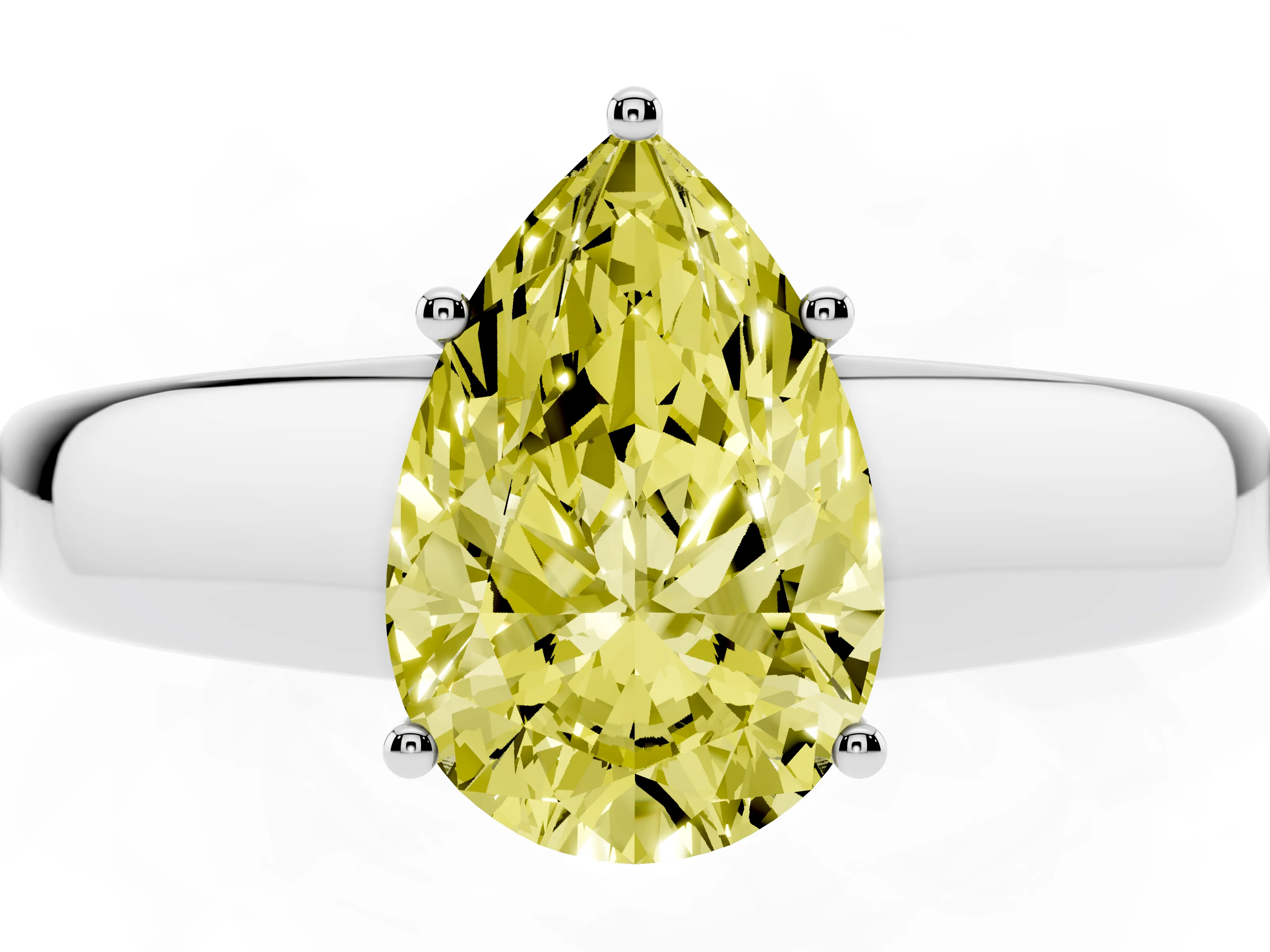 Fancy Yellow Pear Cut Diamond Solitaire Ring Set in White gold with Tapered Band and Prong Setting