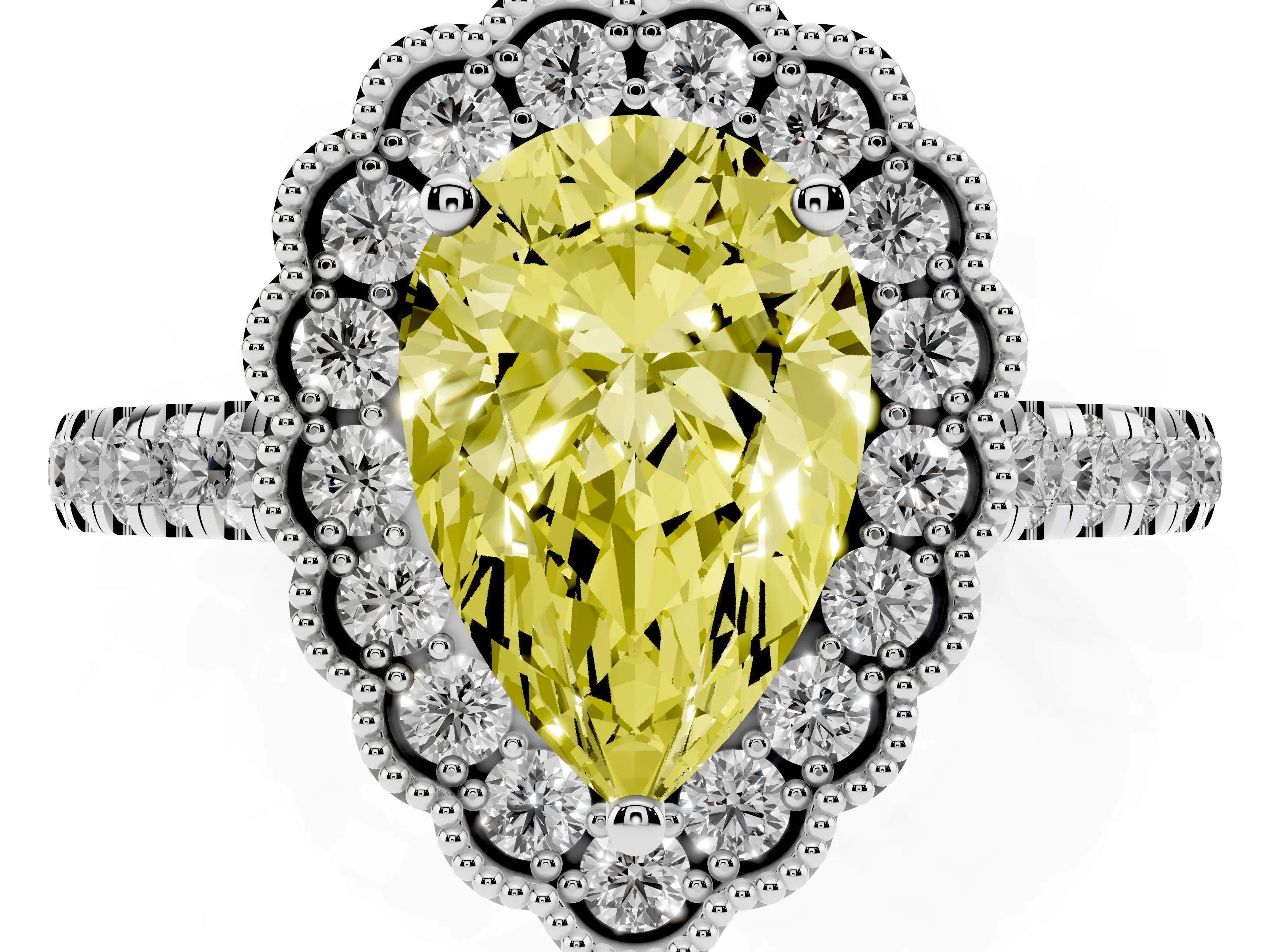 Fancy Yellow Pear Cut Diamond Milgrain Floral Halo Engagement Ring Set in Platinum with Pavé Band
