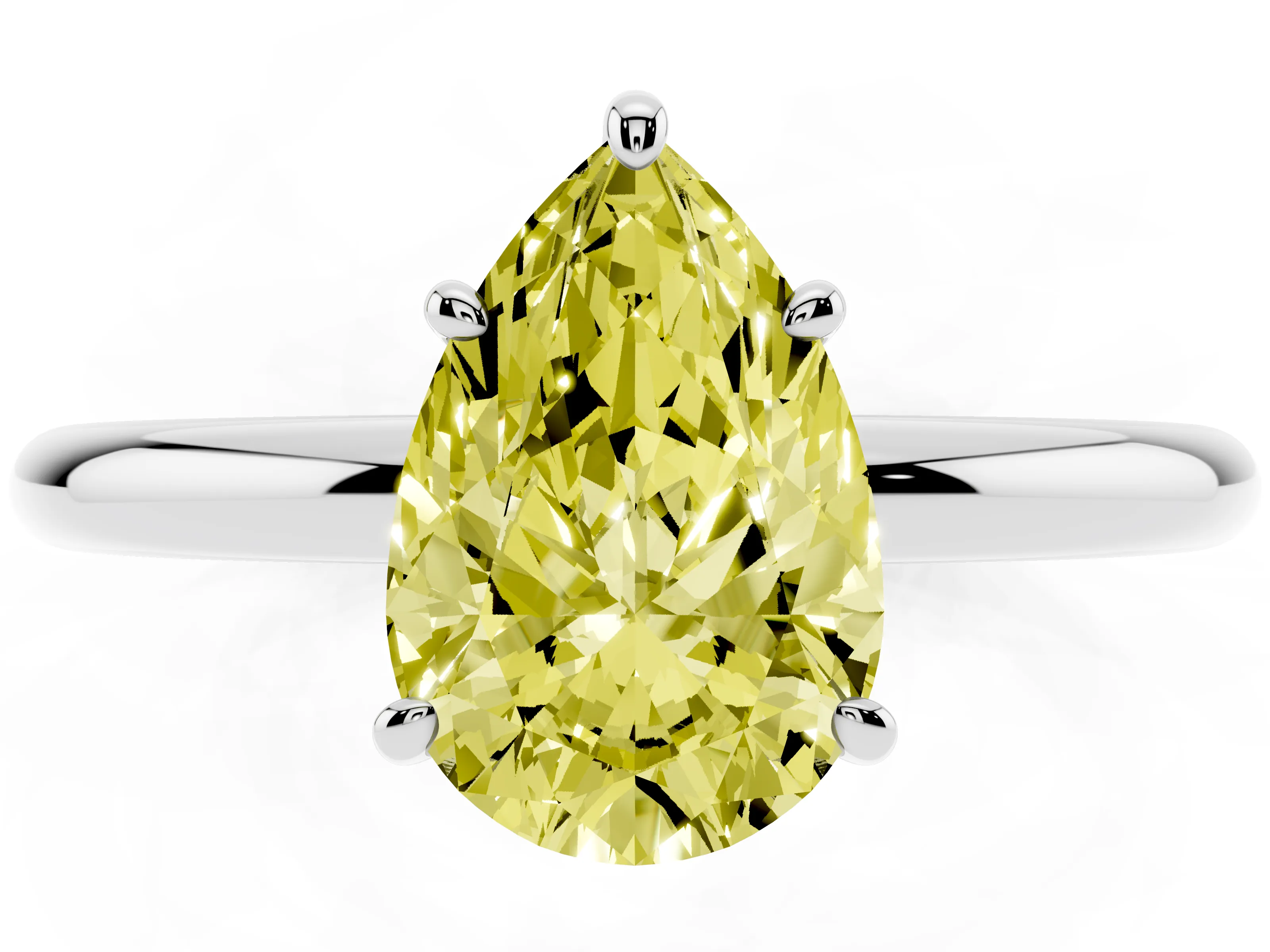 Fancy Yellow Pear Cut Diamond Solitaire Ring Set in White gold with Prong Setting on a Polished Plain Band