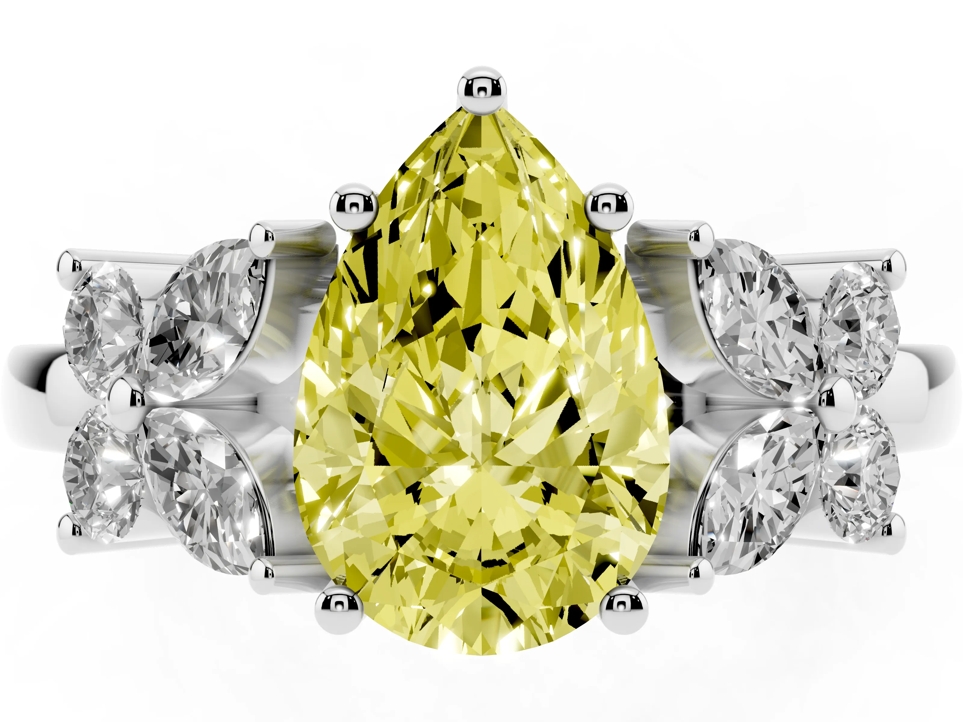 Fancy Yellow Pear Cut Diamond Floral Cluster Ring Set in White gold with Marquise Petals and Prong Setting