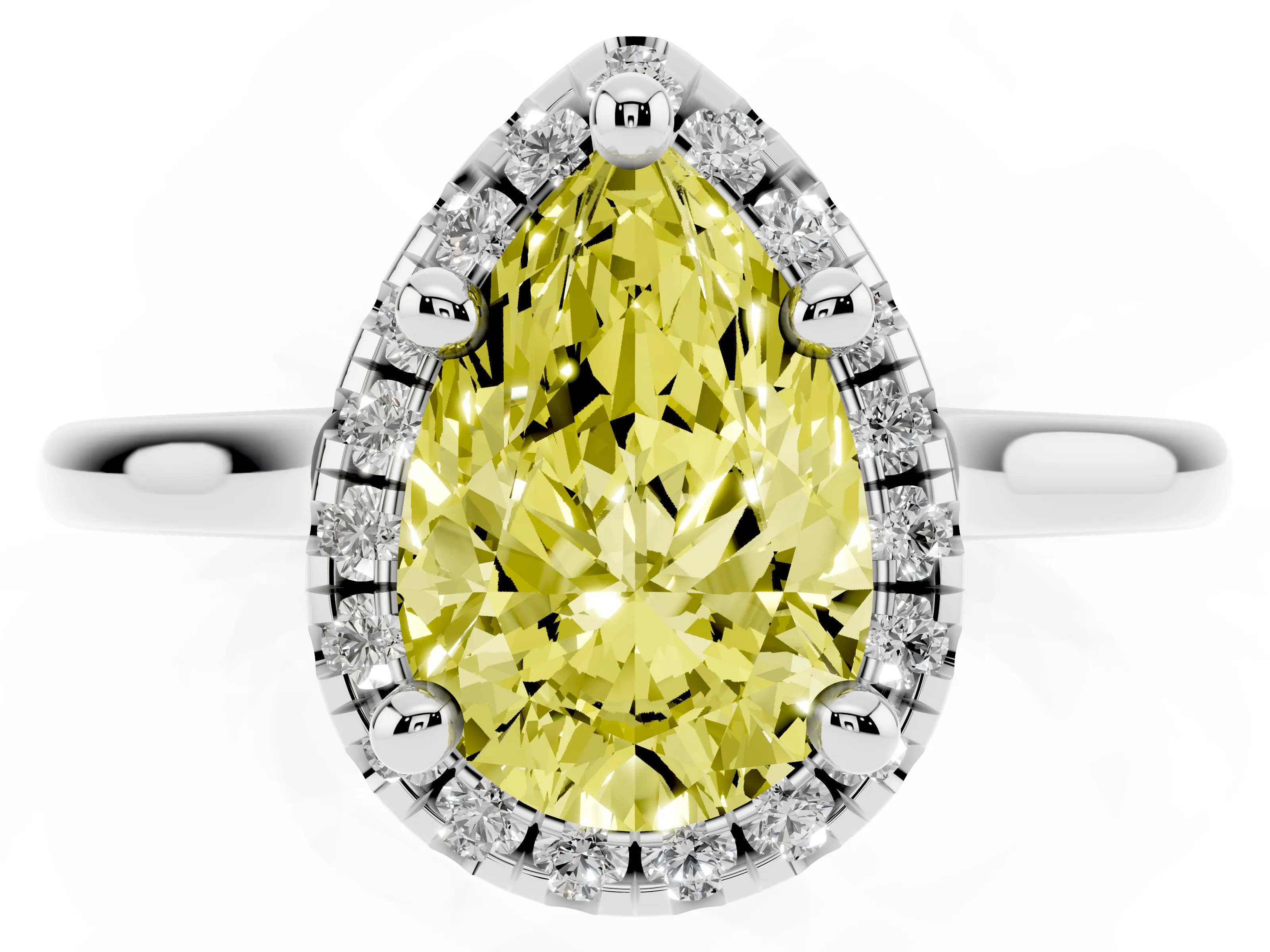 Fancy Yellow Pear Cut Diamond Halo Engagement Ring Set in White gold with Pavé Band and Rising Shoulders