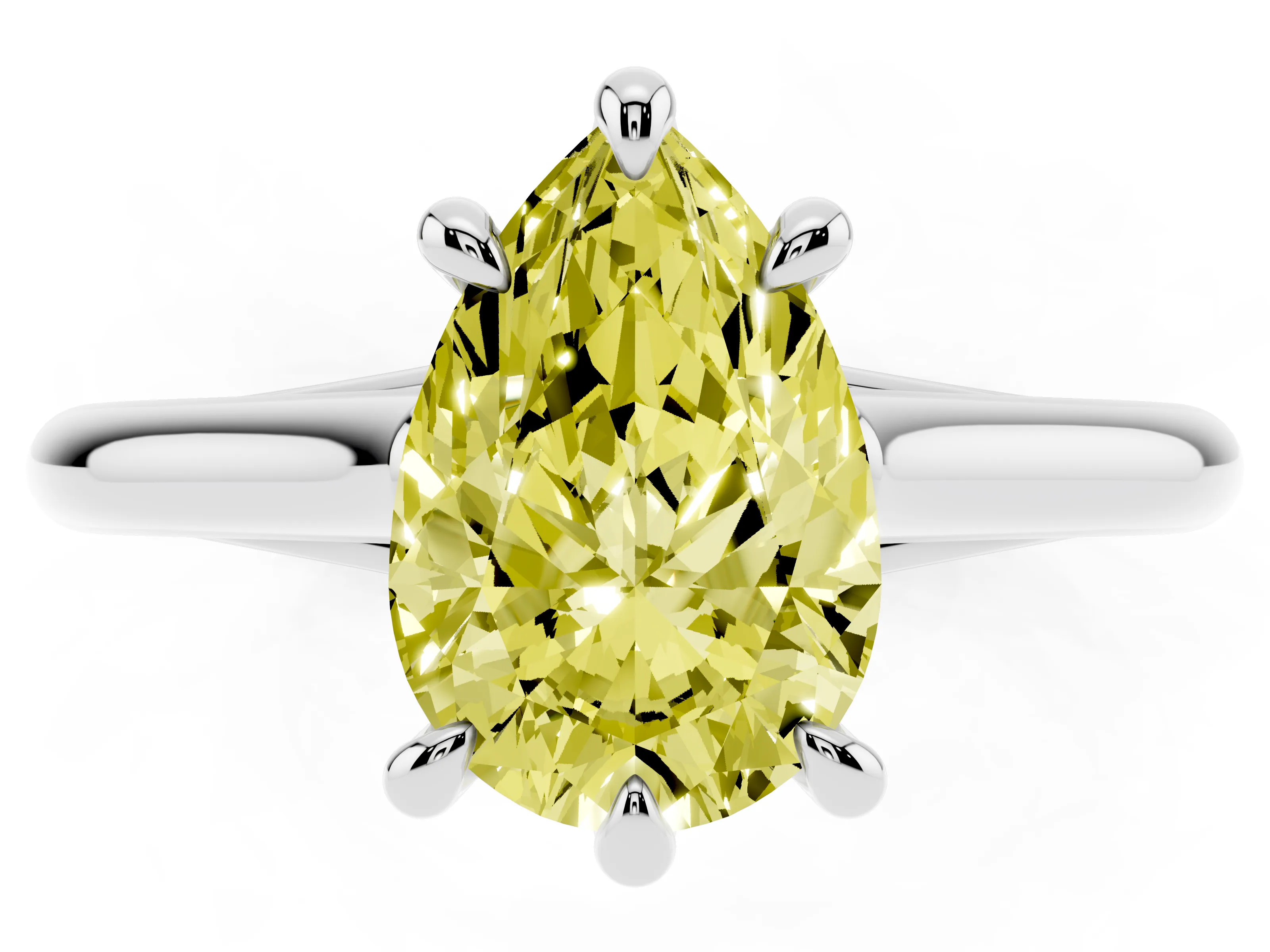 Fancy Yellow Pear Cut Diamond Solitaire Engagement Ring Set in Platinum with Prong Setting and Plain Classic Band