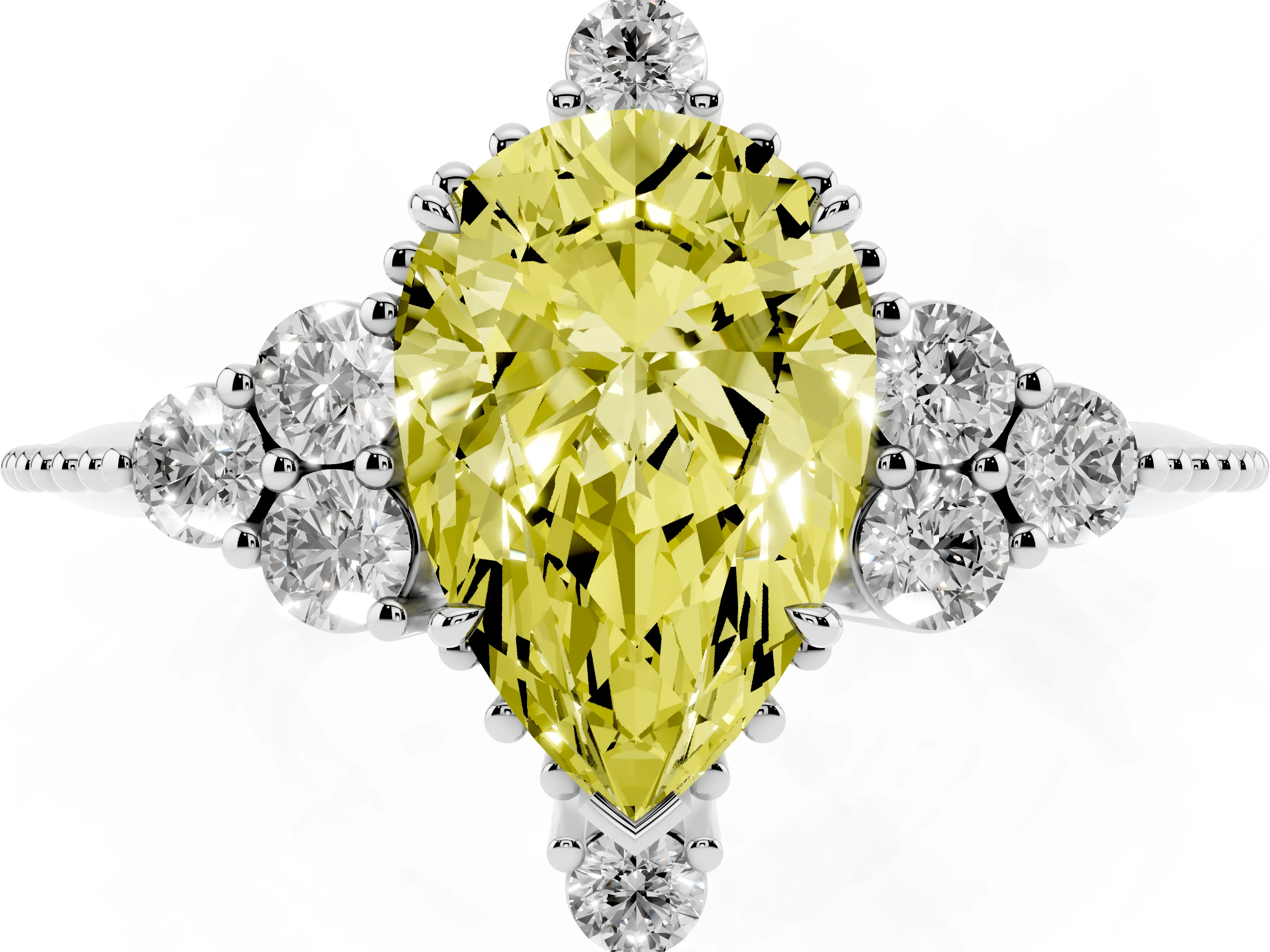 Fancy Yellow Pear Cut Diamond Cluster Ring Set in Silver with Beaded Band