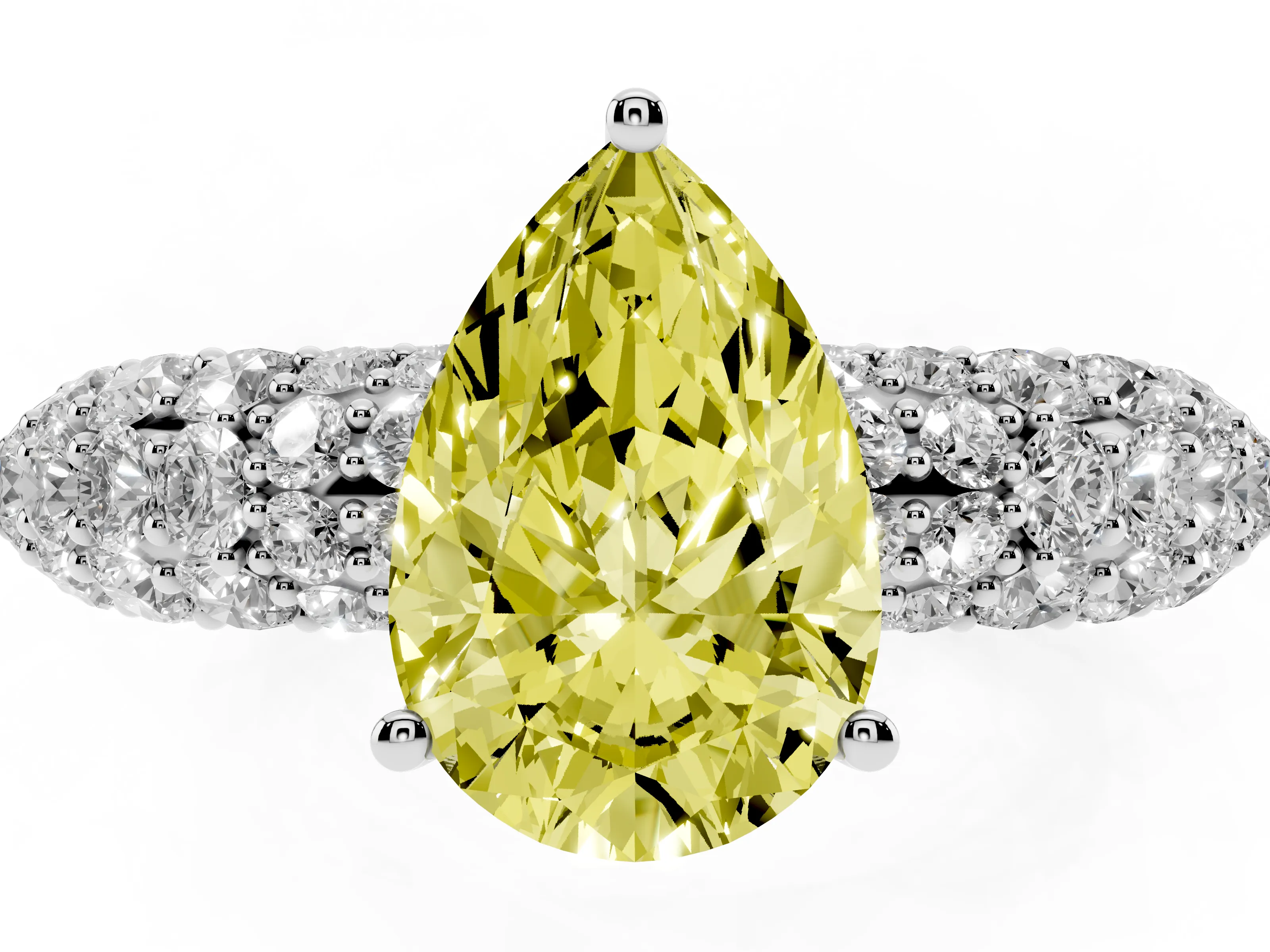 Fancy Yellow Pear Cut Diamond Pavé Band Solitaire Ring Set in White gold with Close-Set Accent Stones and Prong Setting