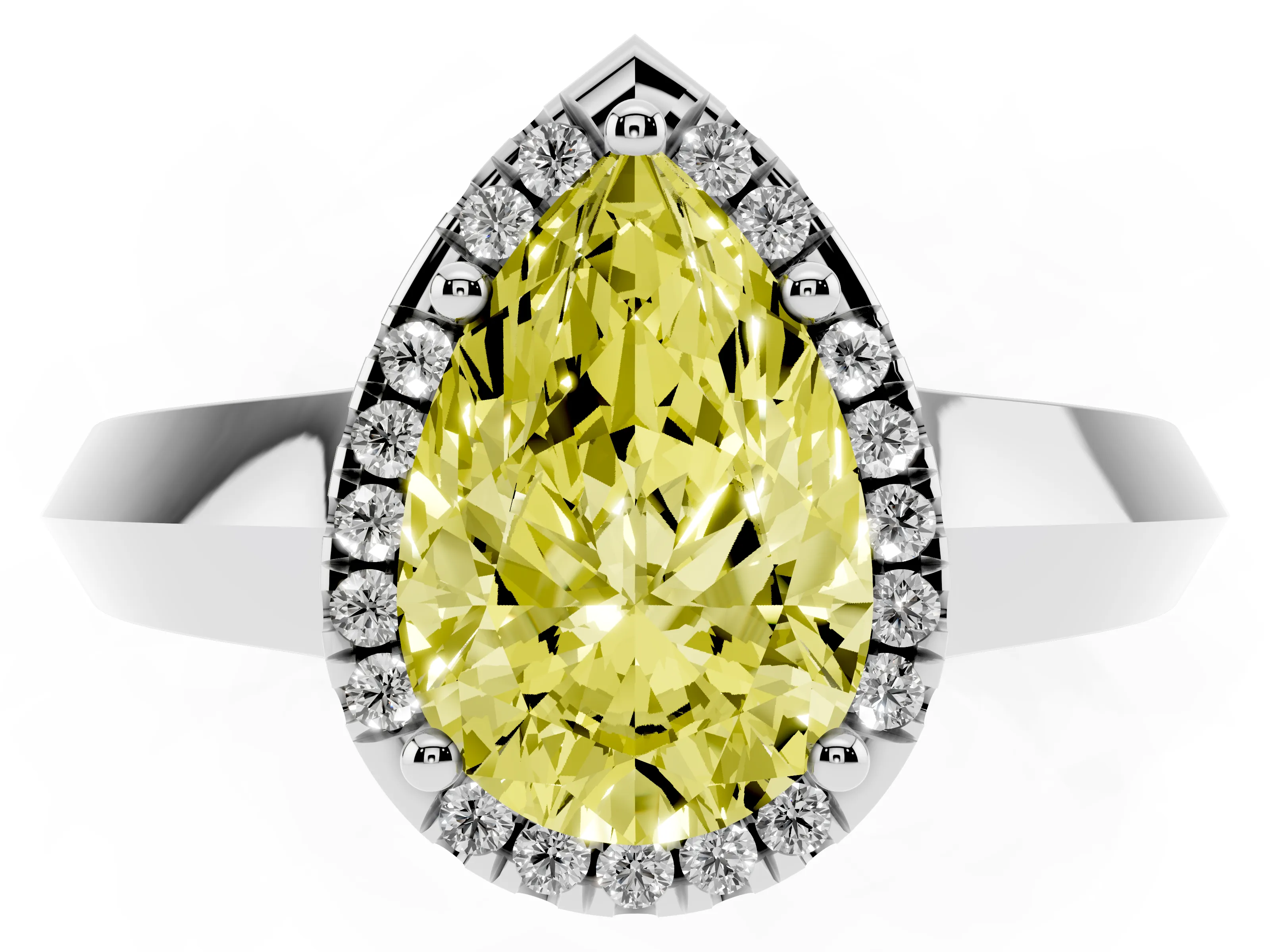 Fancy Yellow Pear Cut Diamond Halo Ring Set in White gold with Cathedral Band and Prong Setting