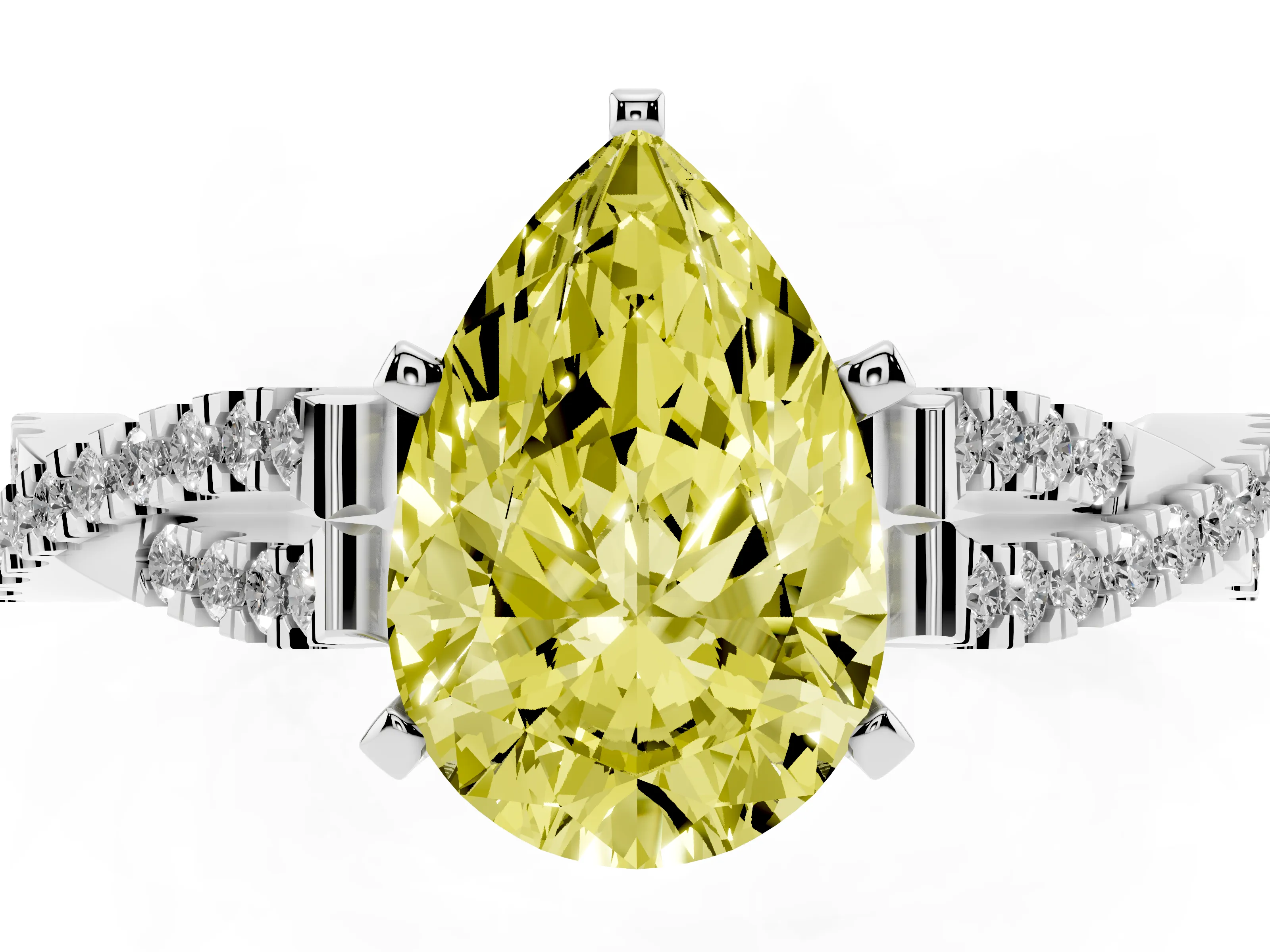 Fancy Yellow Pear Cut Diamond Solitaire Engagement Ring Set in White gold with Twisted Pavé Band and Prong Setting