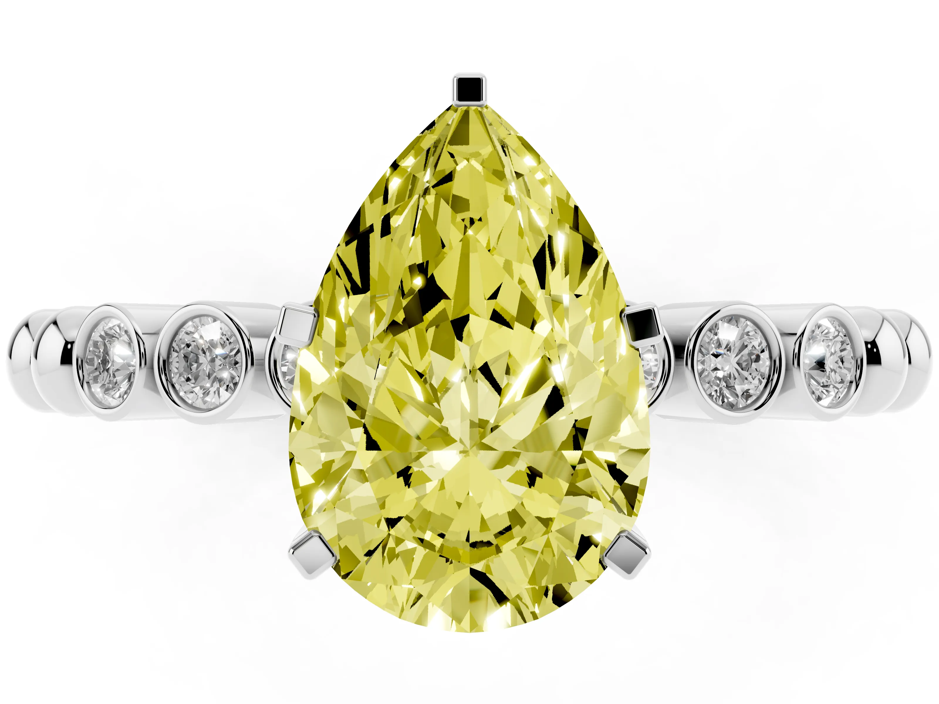 Fancy Yellow Pear Cut Diamond Solitaire Engagement Ring Set in Silver with Bezel Accents on Beaded Band