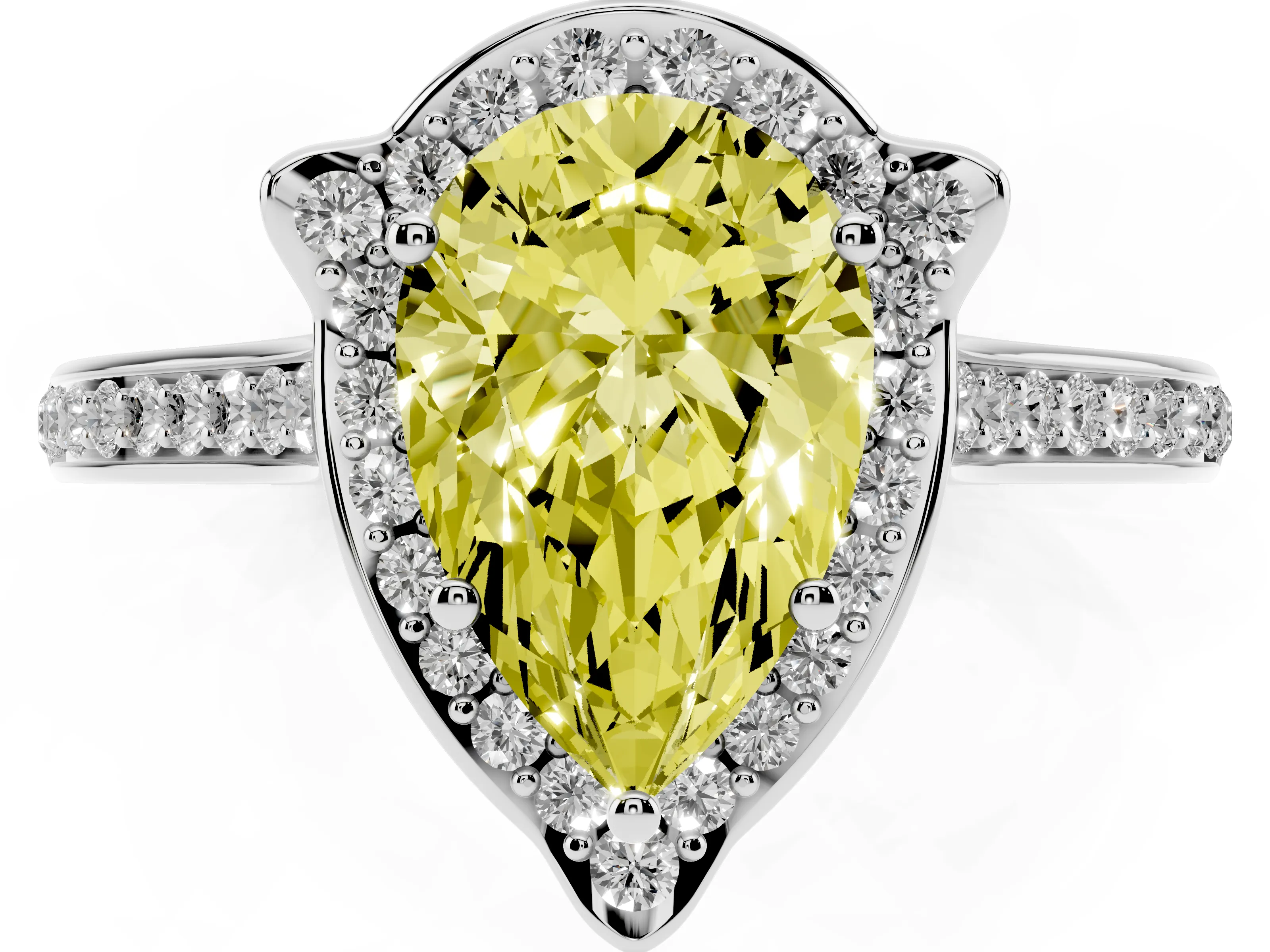 Fancy Yellow Pear Cut Diamond Halo Ring Set in White gold with Pavé-Lined Shoulders and Prong Setting