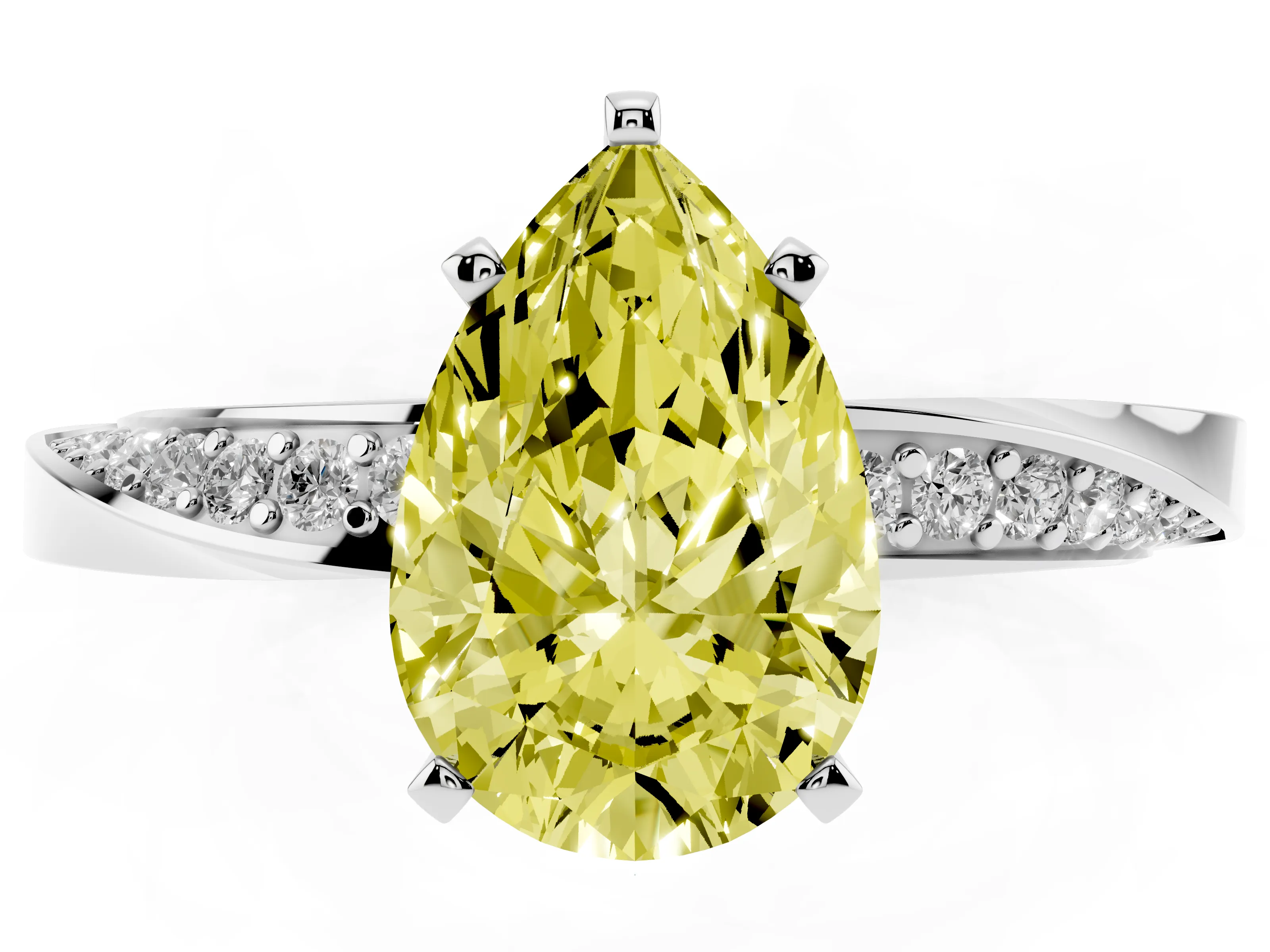 Fancy Yellow Pear Cut Diamond Engagement Ring Set in Silver with Side Stone Accents and Prong Setting
