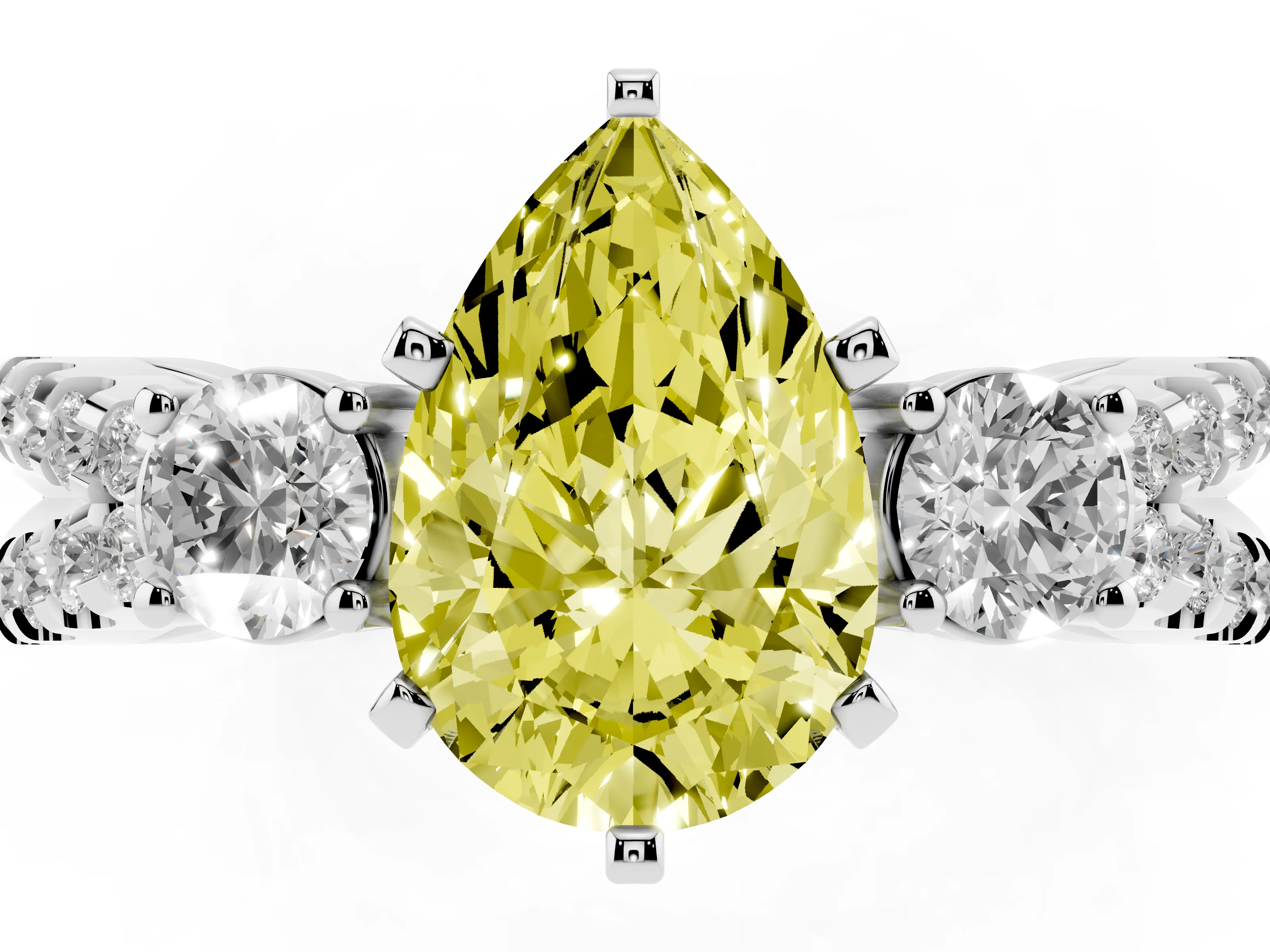 Fancy Yellow Pear Cut Diamond Three-Stone Ring Set in Silver with Pavé Split Shank and Prong Setting