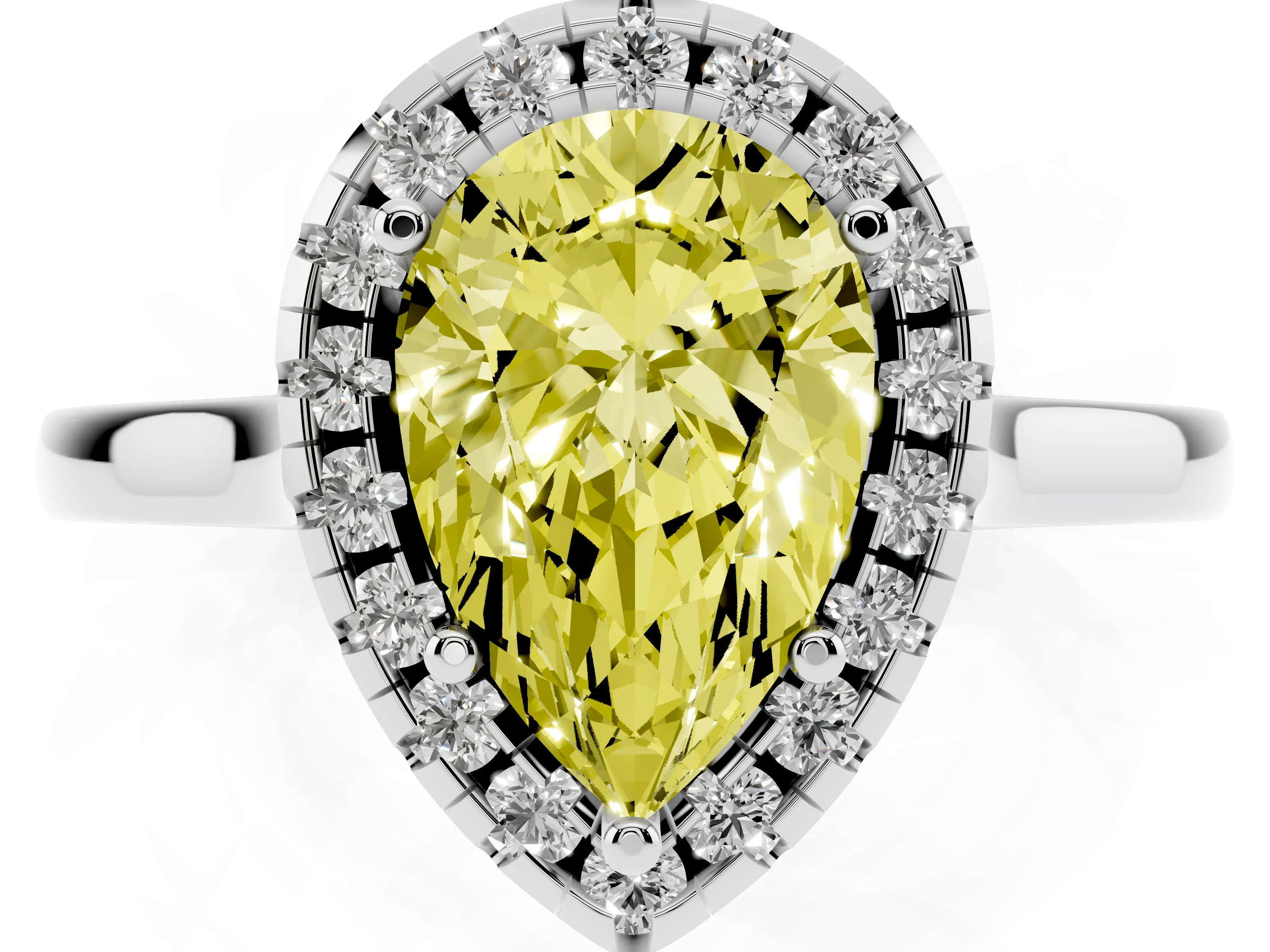 Fancy Yellow Pear Cut Halo Round Diamond Solitaire Ring Set in White gold with Pavé Band and Prong Setting