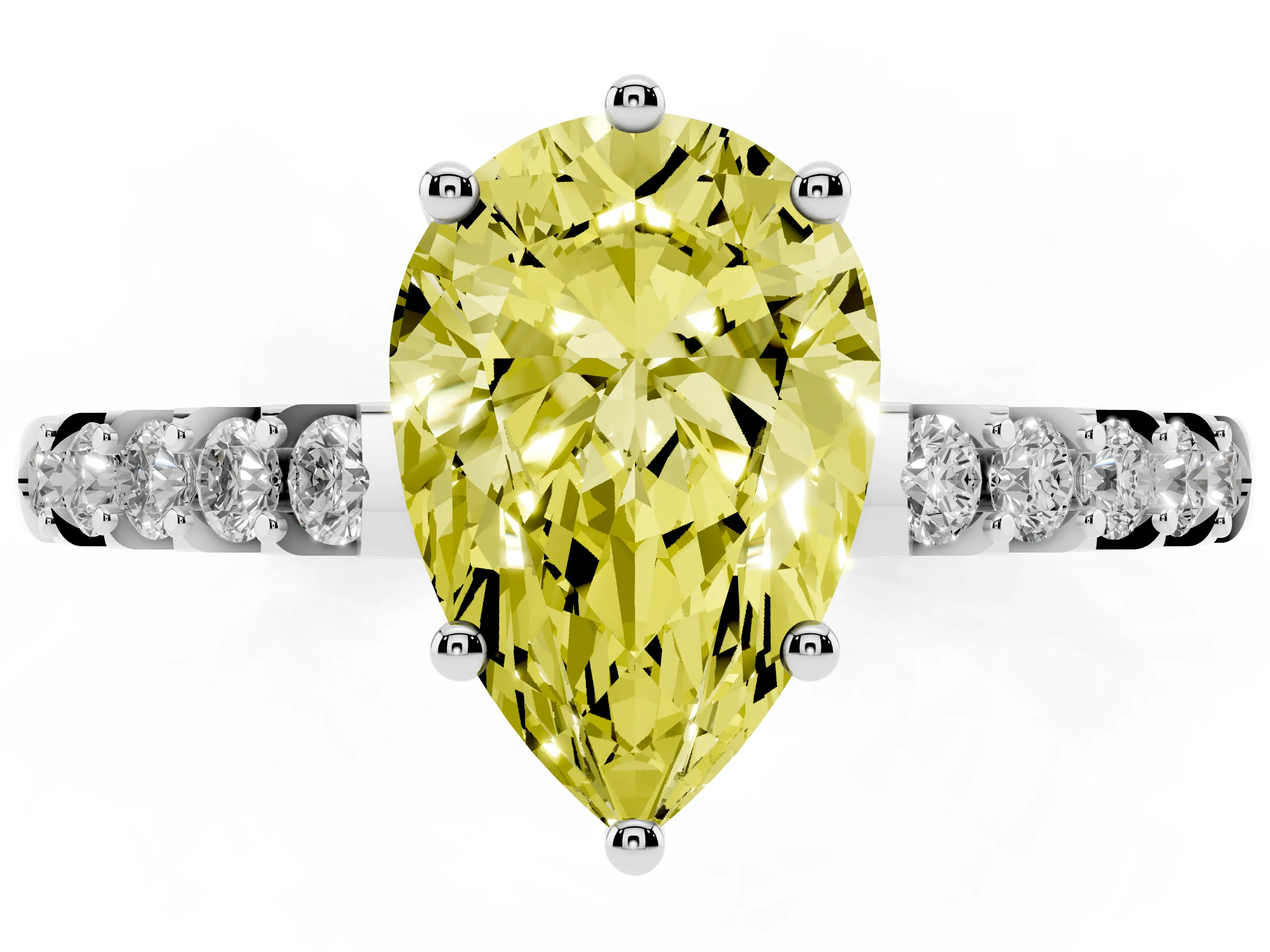 Fancy Yellow Pear Cut Diamond Solitaire Engagement Ring Set in Silver with Pavé Band and Prong Setting