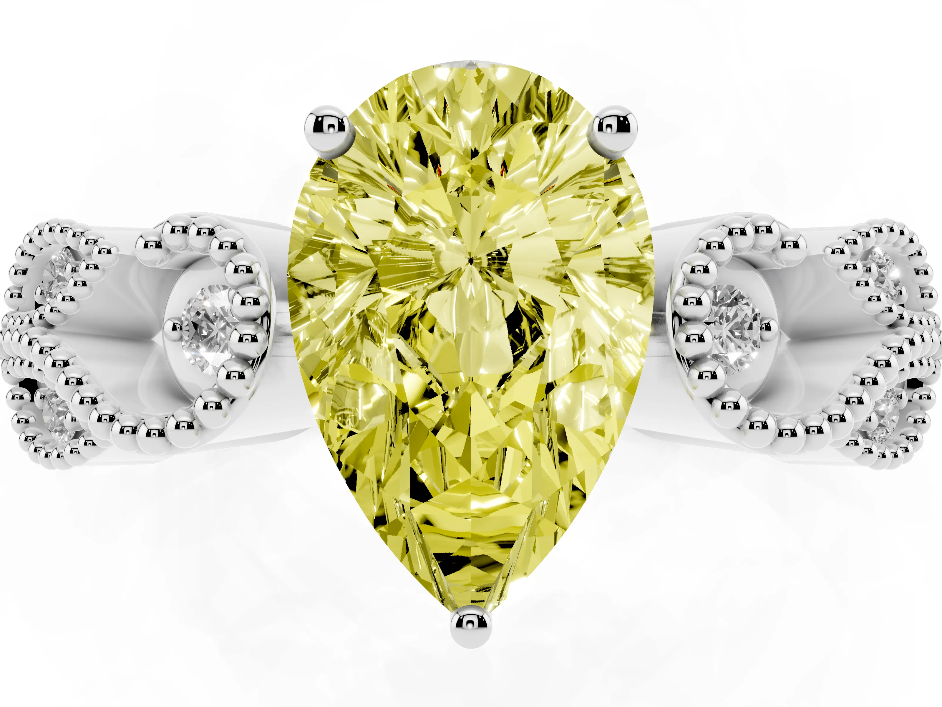 Fancy Yellow Pear Cut Diamond Milgrain Leaf Band Solitaire Ring Set in White gold with Accent Stones and Prong Setting