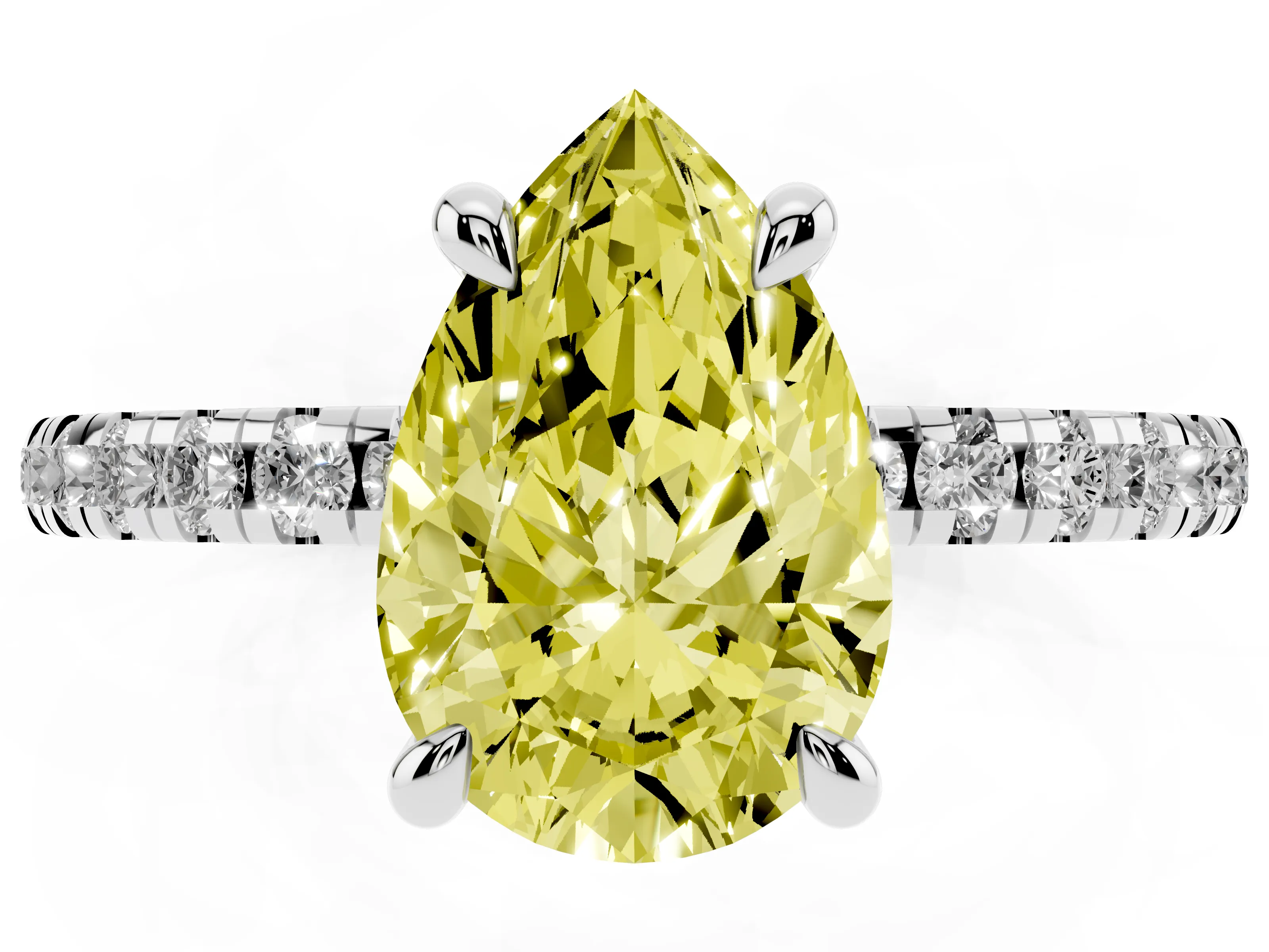 Fancy Yellow Pear Cut Diamond Brilliant Solitaire Ring Set in White gold with Pavé Band and Prong Setting
