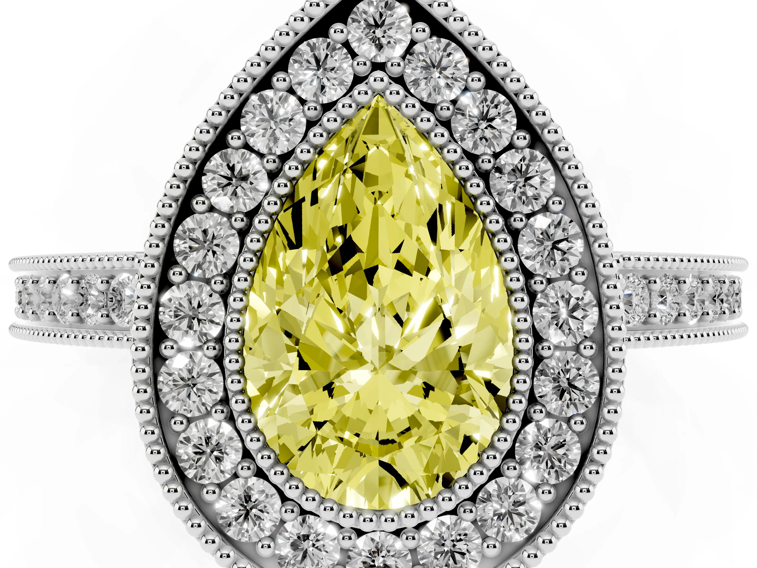Fancy Yellow Pear Cut Diamond Round Halo Ring Set in White gold with Pavé Band