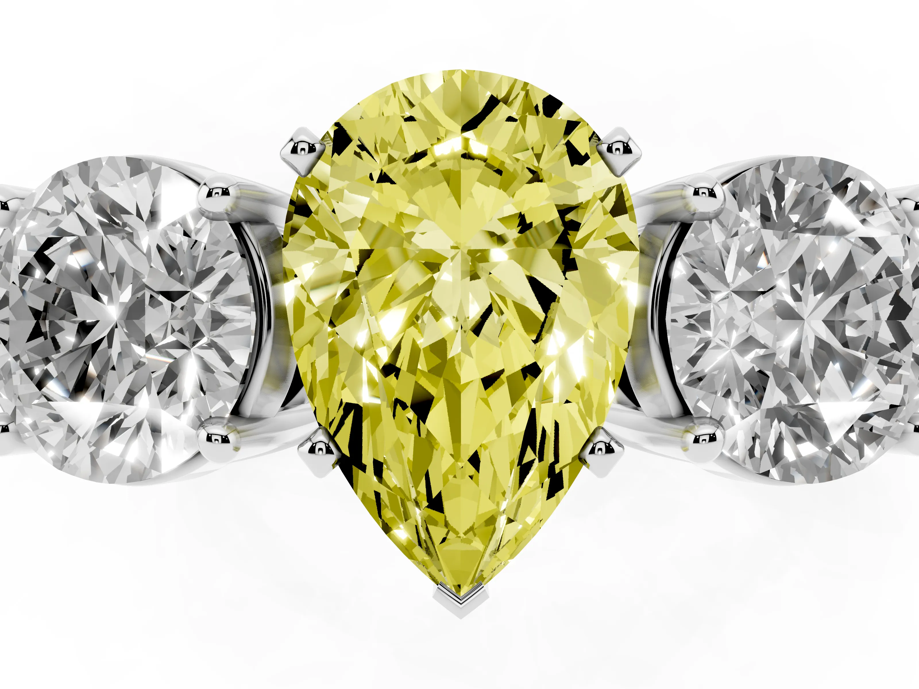 Fancy Yellow Pear Cut Diamond Three-Stone Ring Set in Platinum with Round Side Stones and Classic Band