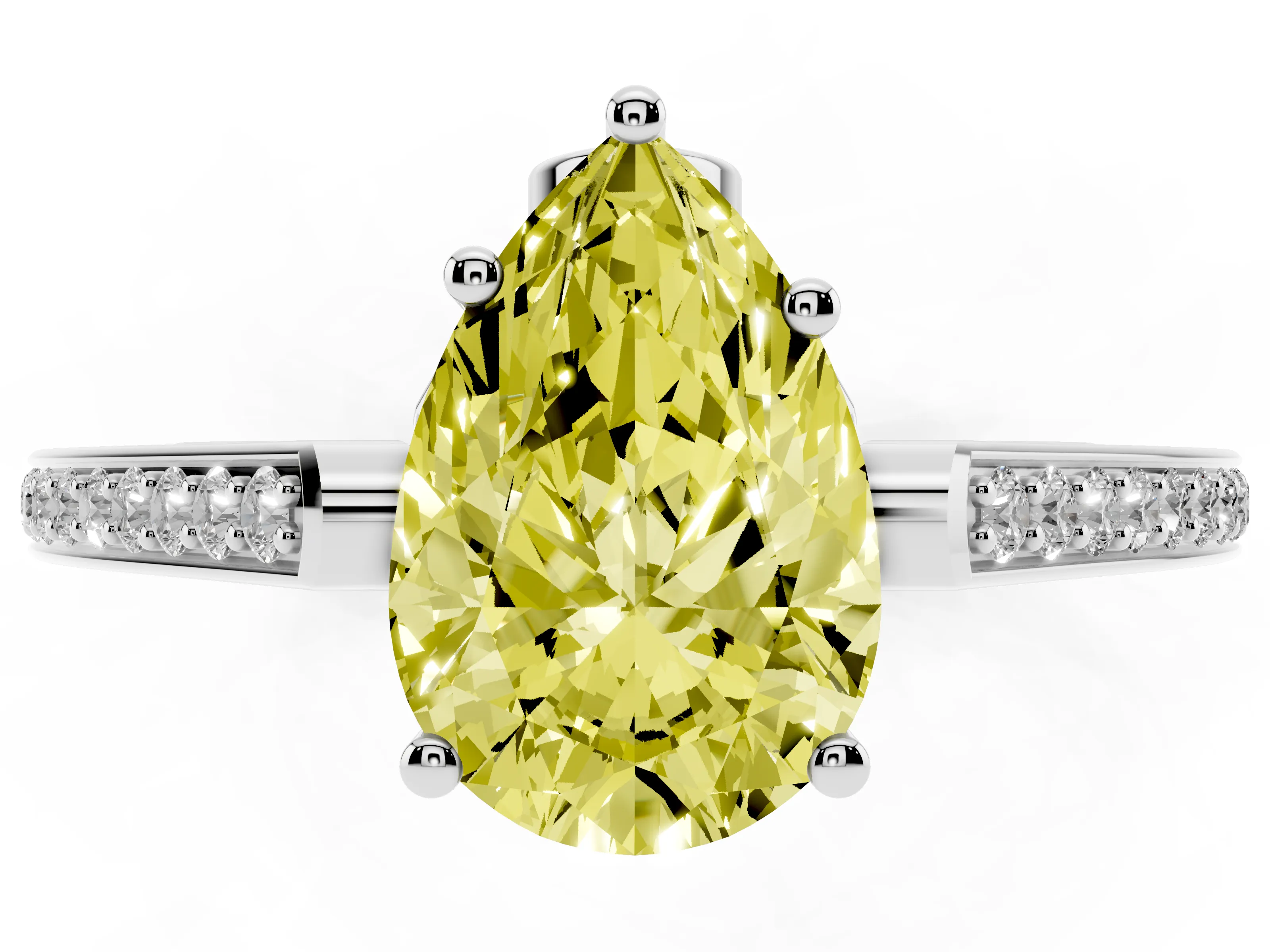 Fancy Yellow Pear Cut Diamond Cathedral Pavé Engagement Ring Set in White gold with Prong Setting