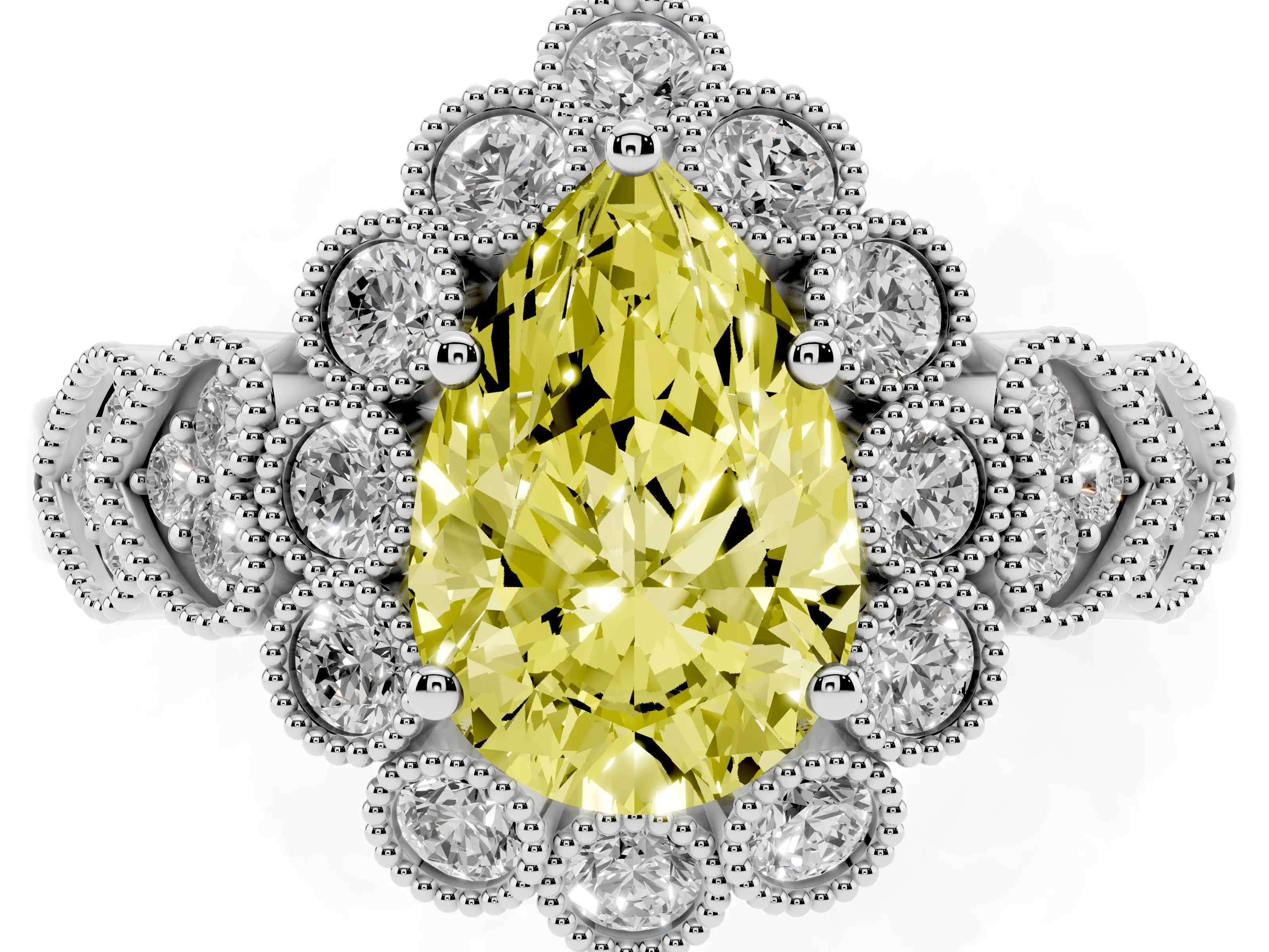 Fancy Yellow Pear Cut Diamond Solitaire Ring Set in Platinum with Milgrain Pavé Heart Band