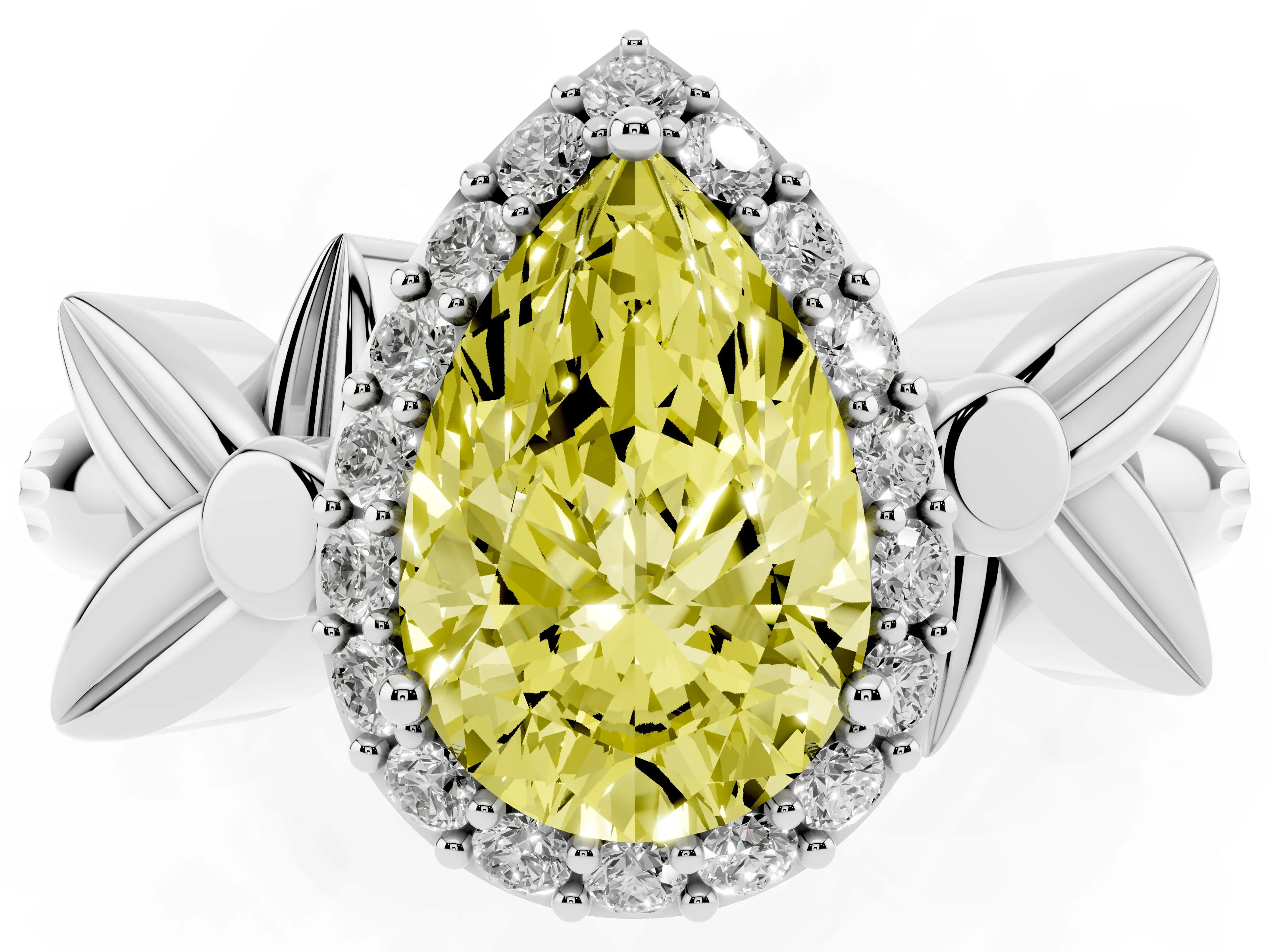 Fancy Yellow Pear Cut Diamond Halo Floral Band Ring Set in Platinum with Prong Setting