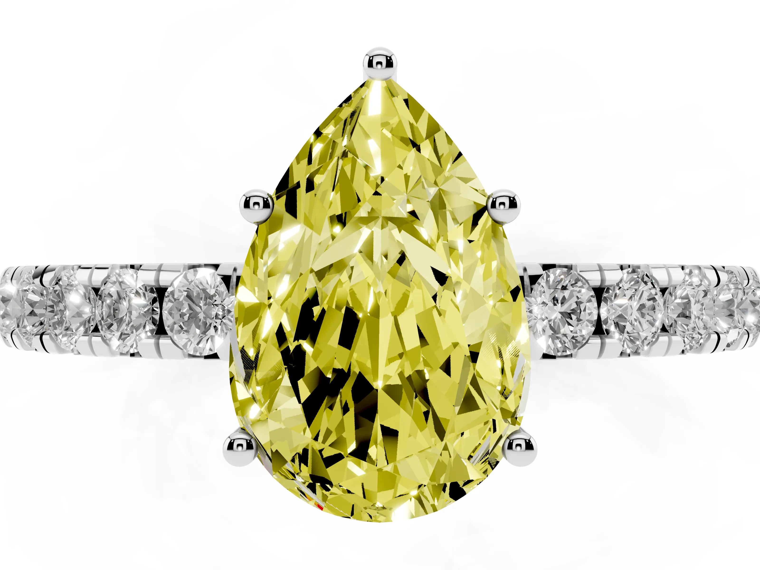 Fancy Yellow Pear Cut Diamond Pavé Solitaire Engagement Ring Set in Platinum with Prong Setting