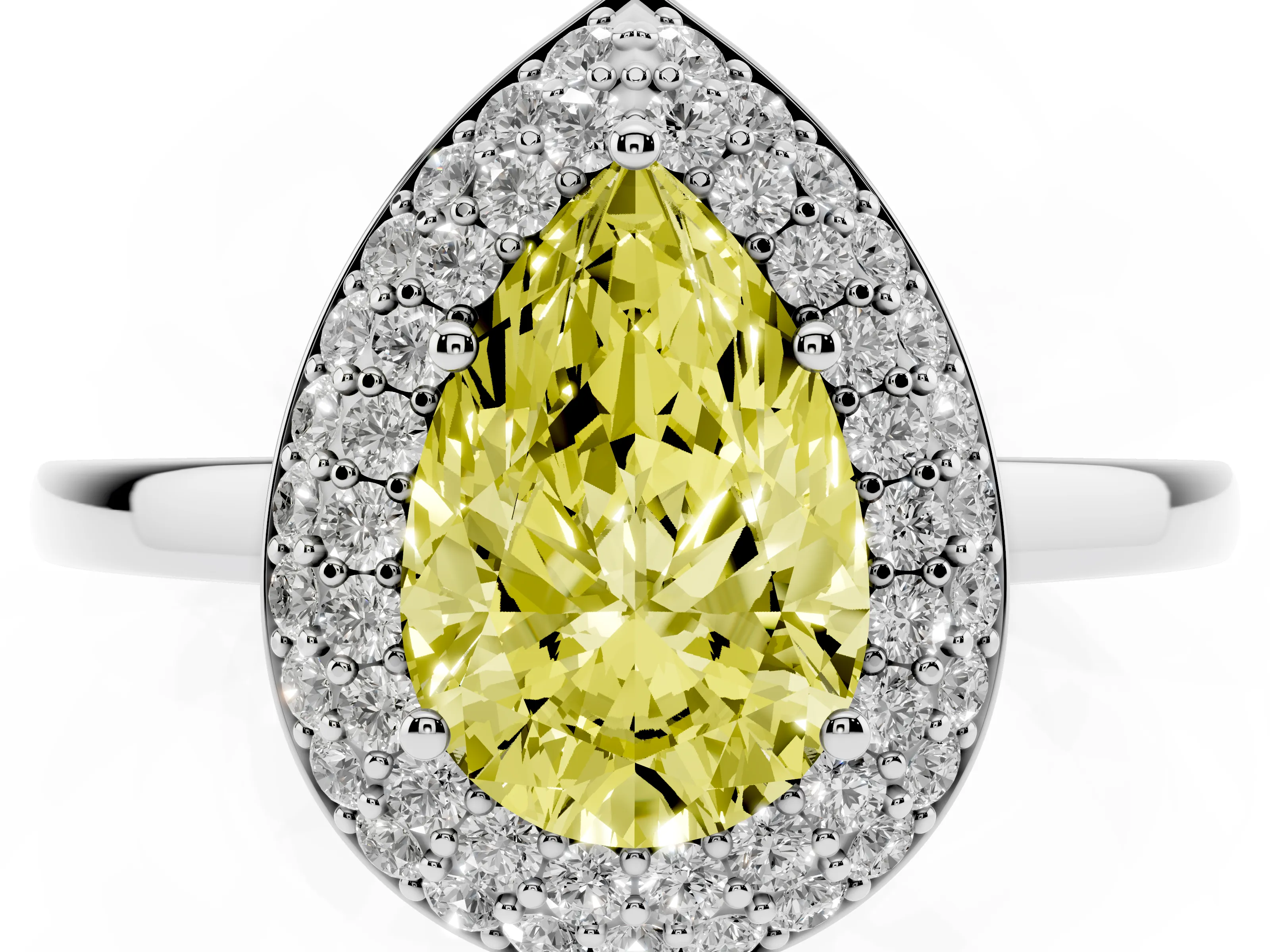 Fancy Yellow Pear Cut Diamond Halo Engagement Ring Set in Silver with Solitaire Band and Prong Setting