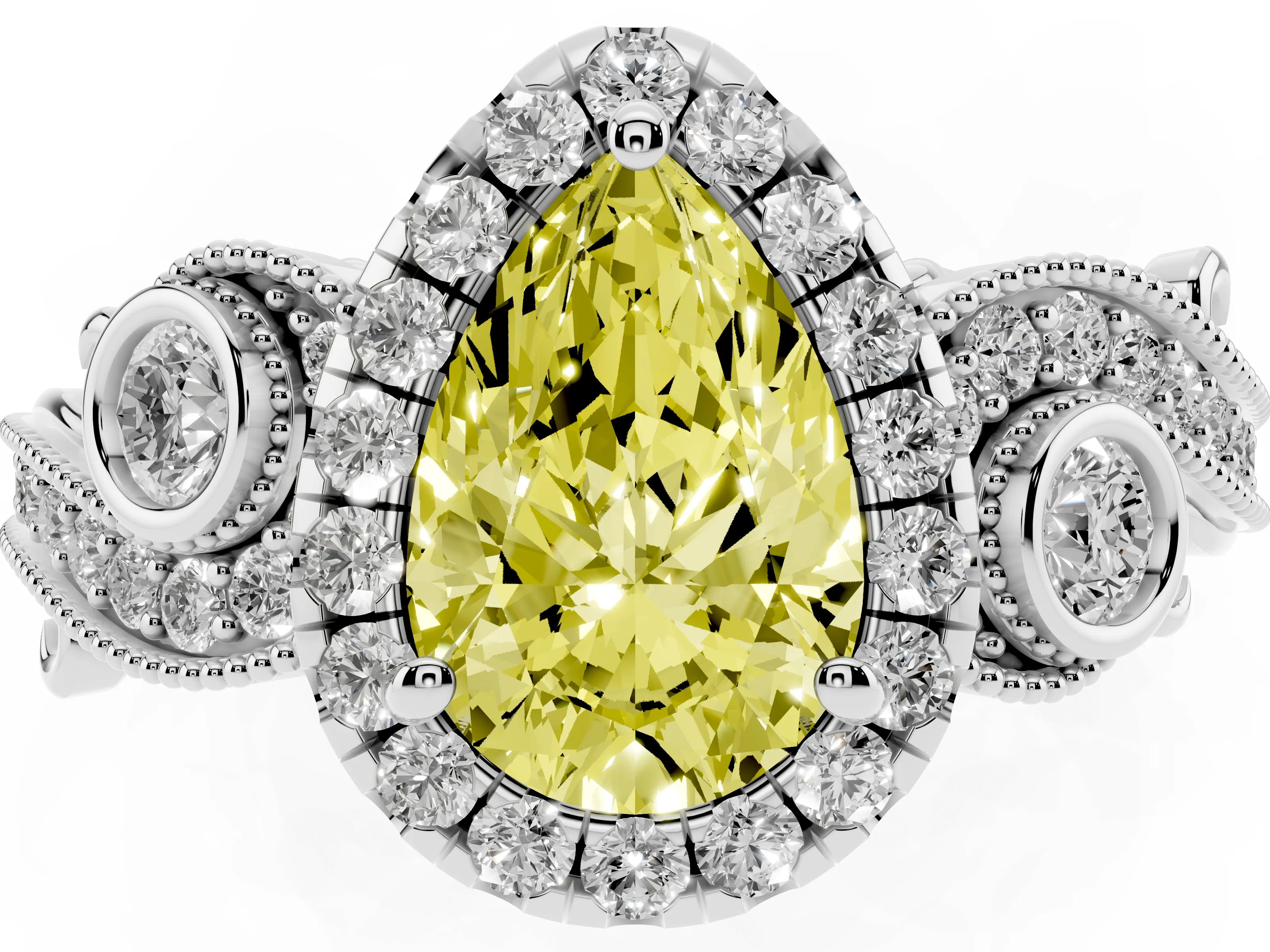 Fancy Yellow Pear Cut Diamond Halo Ring Set in Platinum with Milgrain Pavé Band and Prong Setting