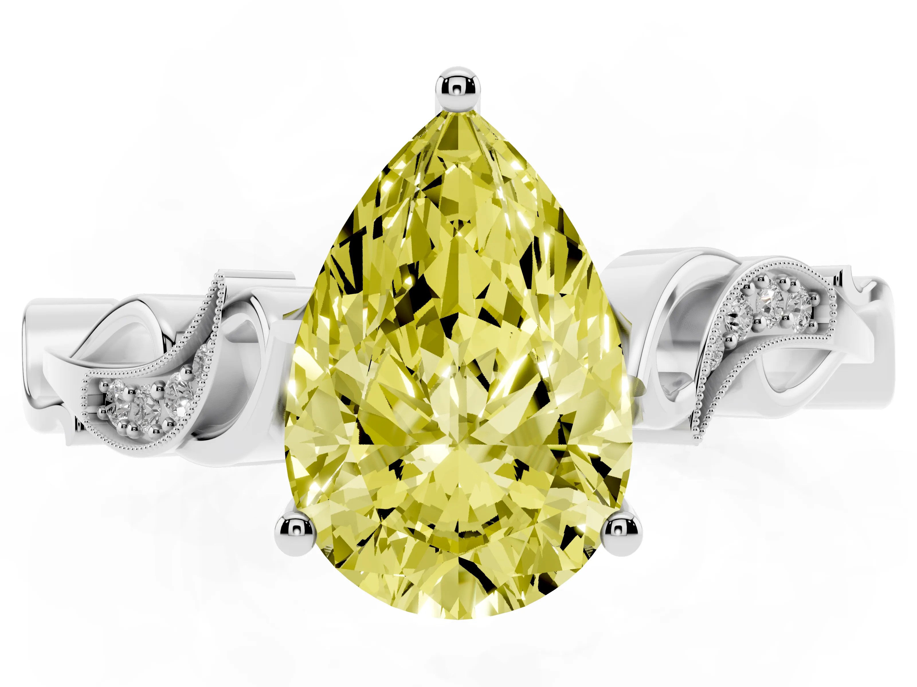 Fancy Yellow Pear Cut Diamond Vine Band Solitaire Ring Set in White gold with Milgrain Prong Setting