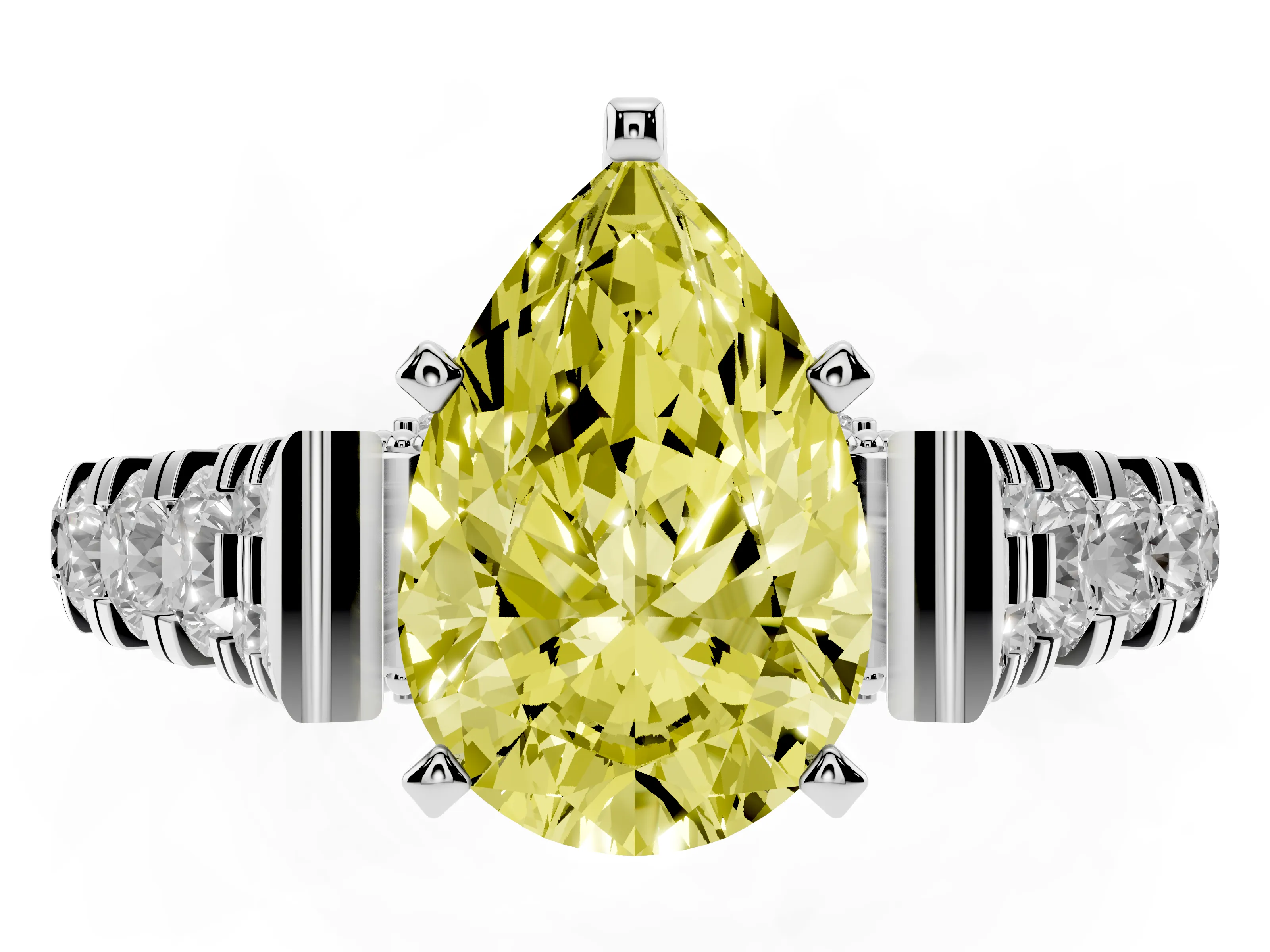 Fancy Yellow Pear Cut Diamond Classic Solitaire Ring Set in Platinum with Pavé Band and Prong Setting