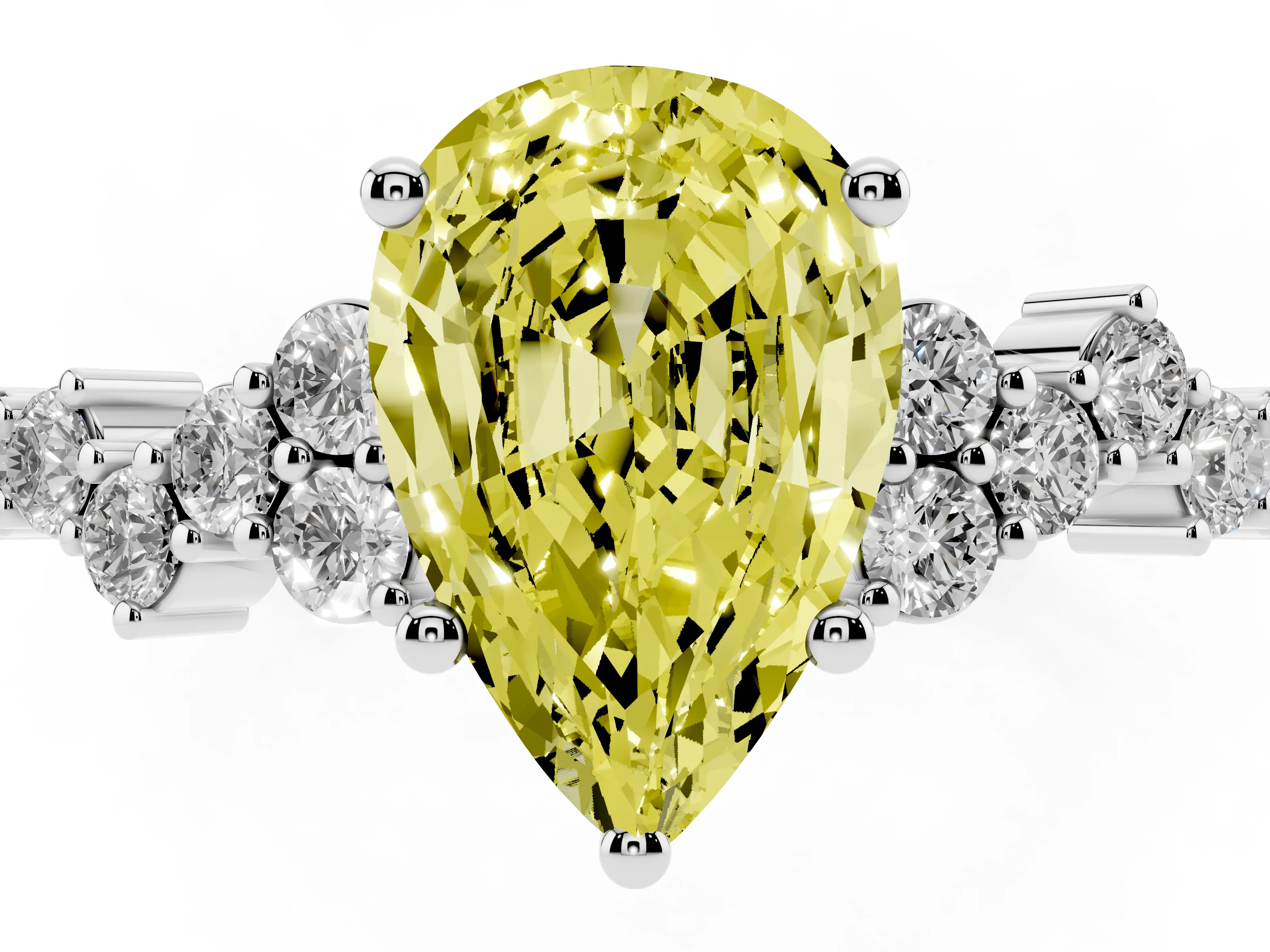 Fancy Yellow Pear Cut Diamond Ring Set in Platinum with Scattered Round Accents