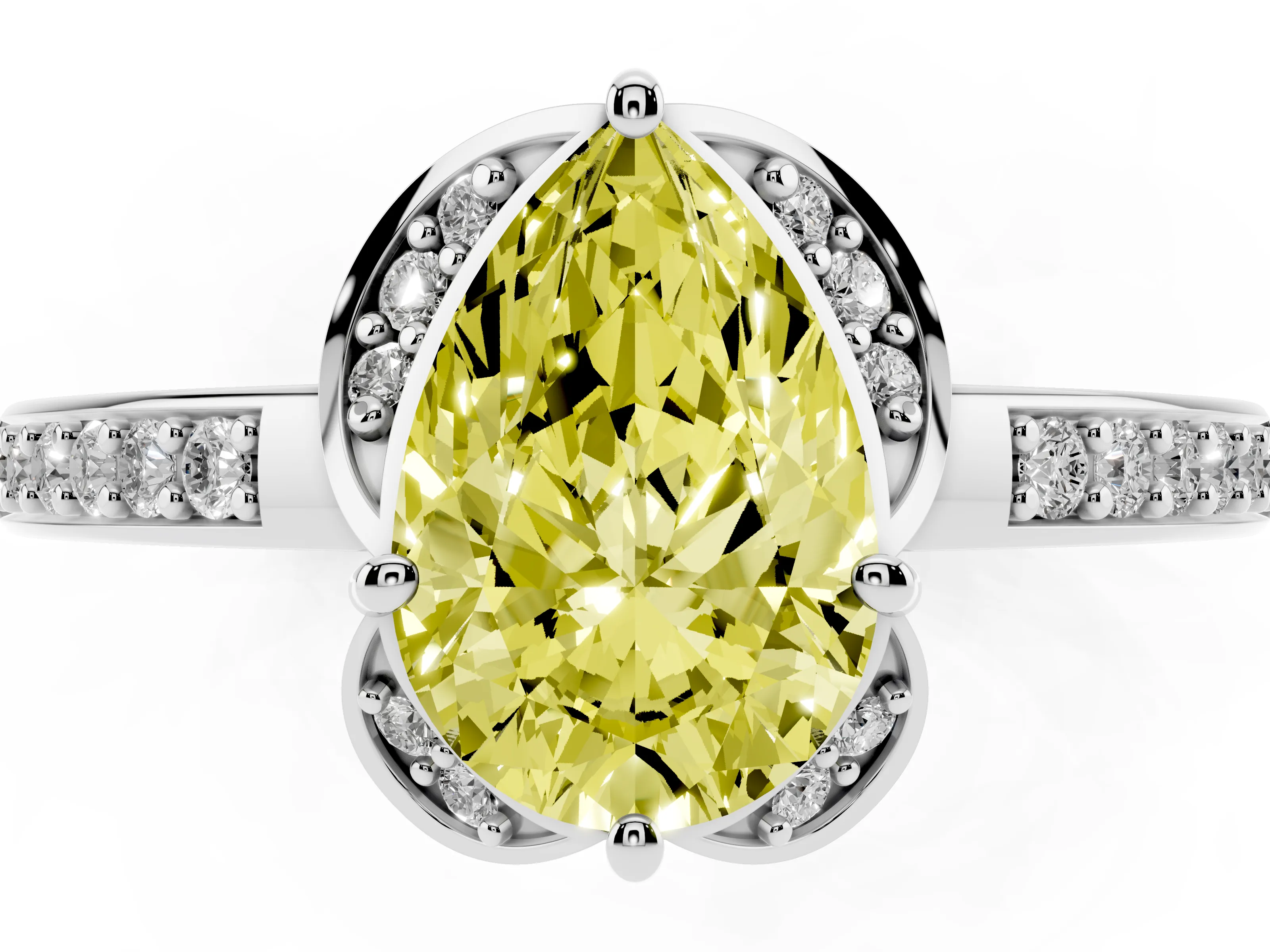 Fancy Yellow Pear Cut Diamond Halo Ring Set in Platinum with Channel Set Band and Prong Setting