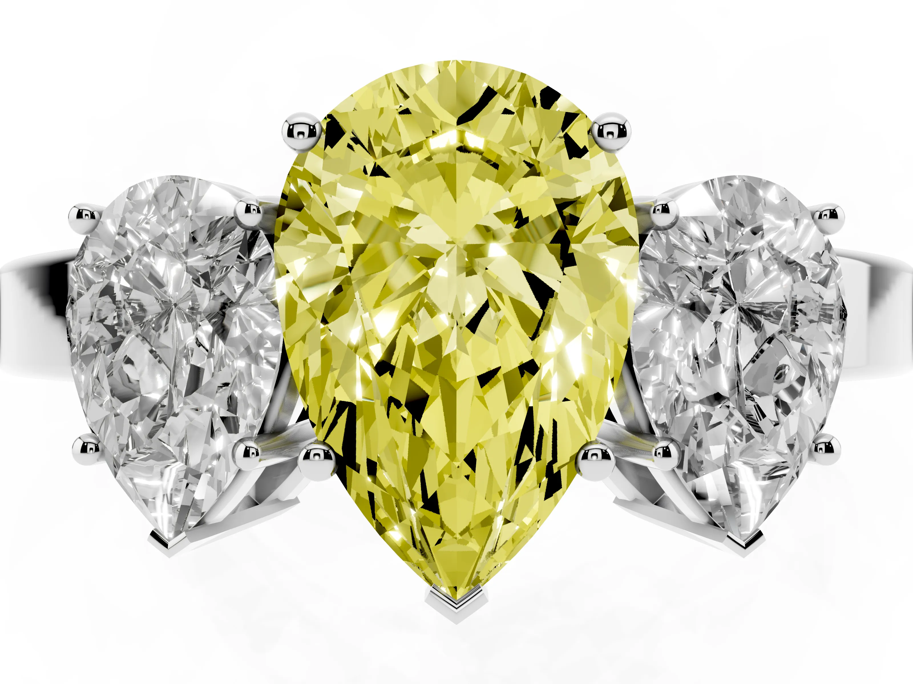 Fancy Yellow Pear Cut Diamond Three-Stone Engagement Ring Set in White gold with Flat Band