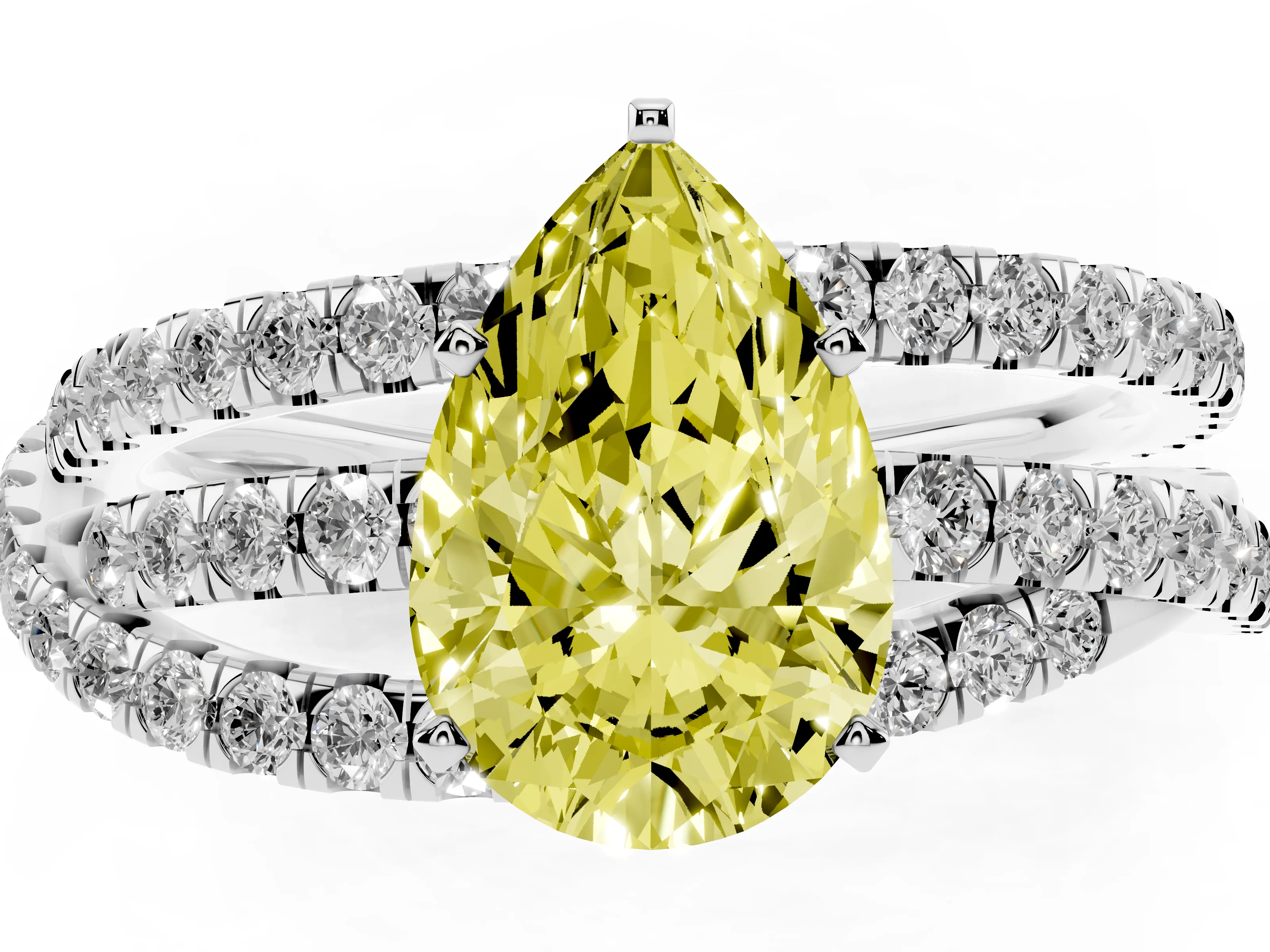 Fancy Yellow Pear Cut Diamond Solitaire Twist Band Ring Set in Platinum with Pavé Setting and Prong Head