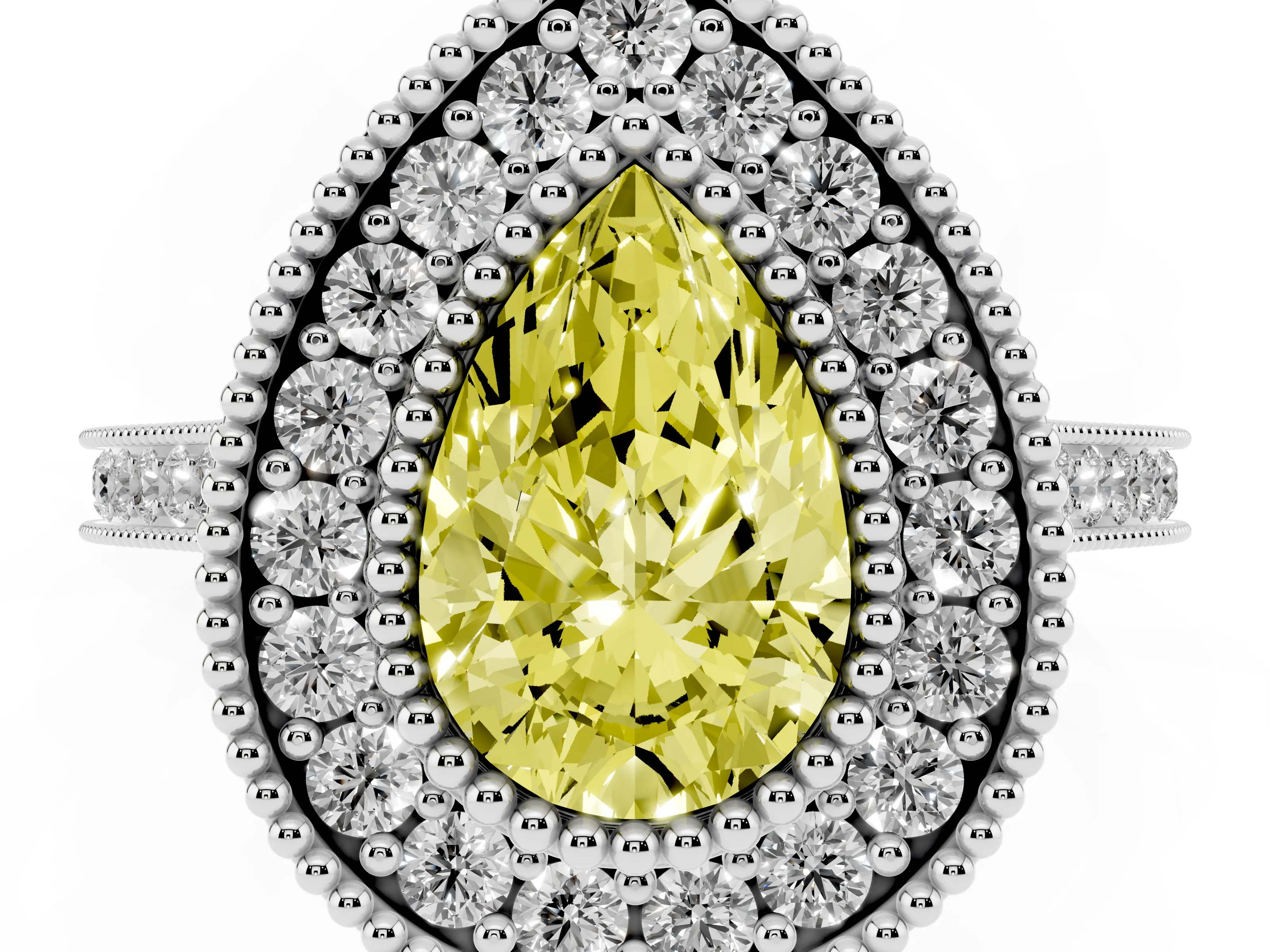Fancy Yellow Pear Cut Diamond Halo Ring Set in White gold with Milgrain Frame and Pavé Band