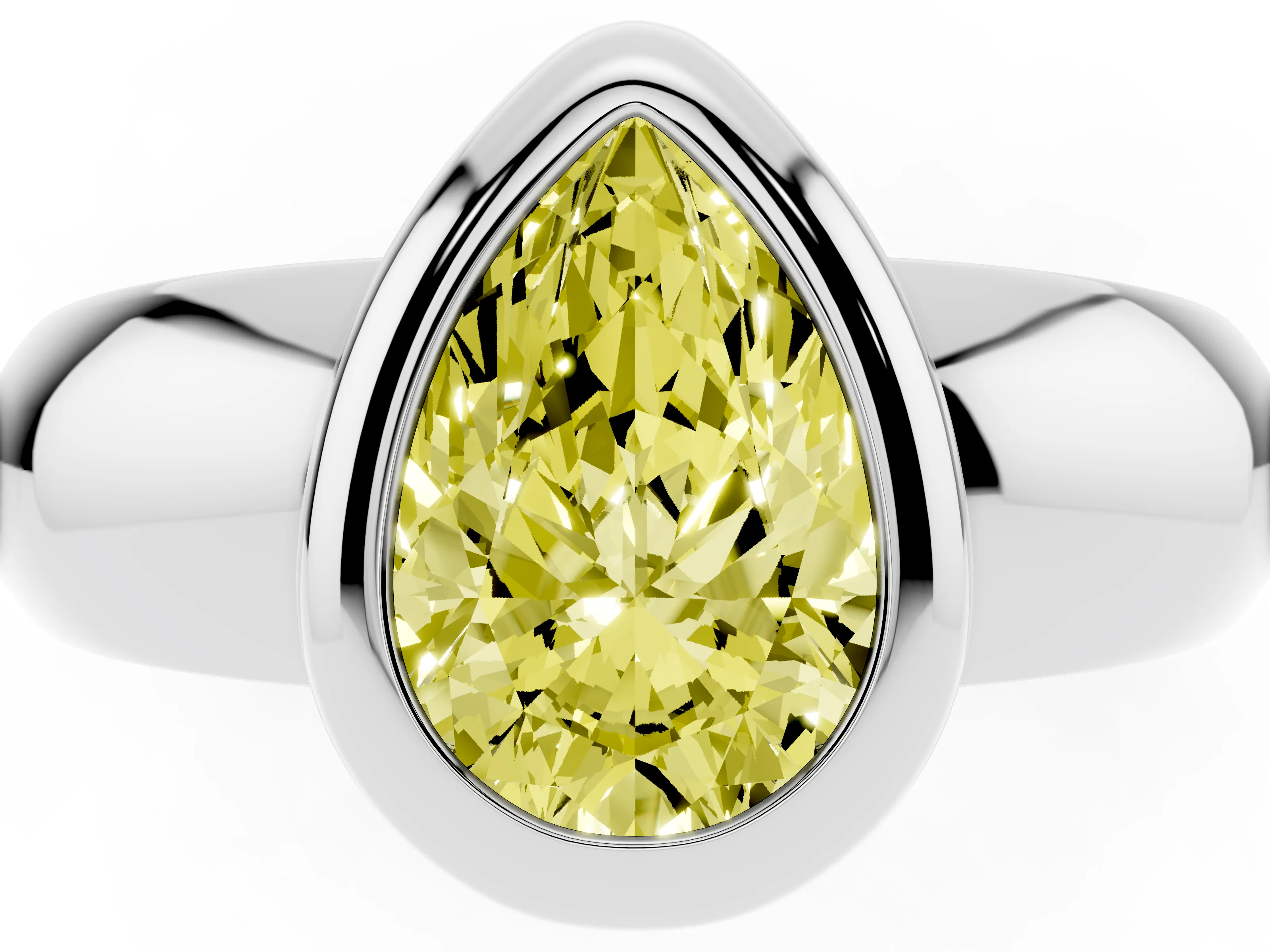 Fancy Yellow Bezel Set Pear Cut Diamond Solitaire Ring Set in Platinum with Wide Band