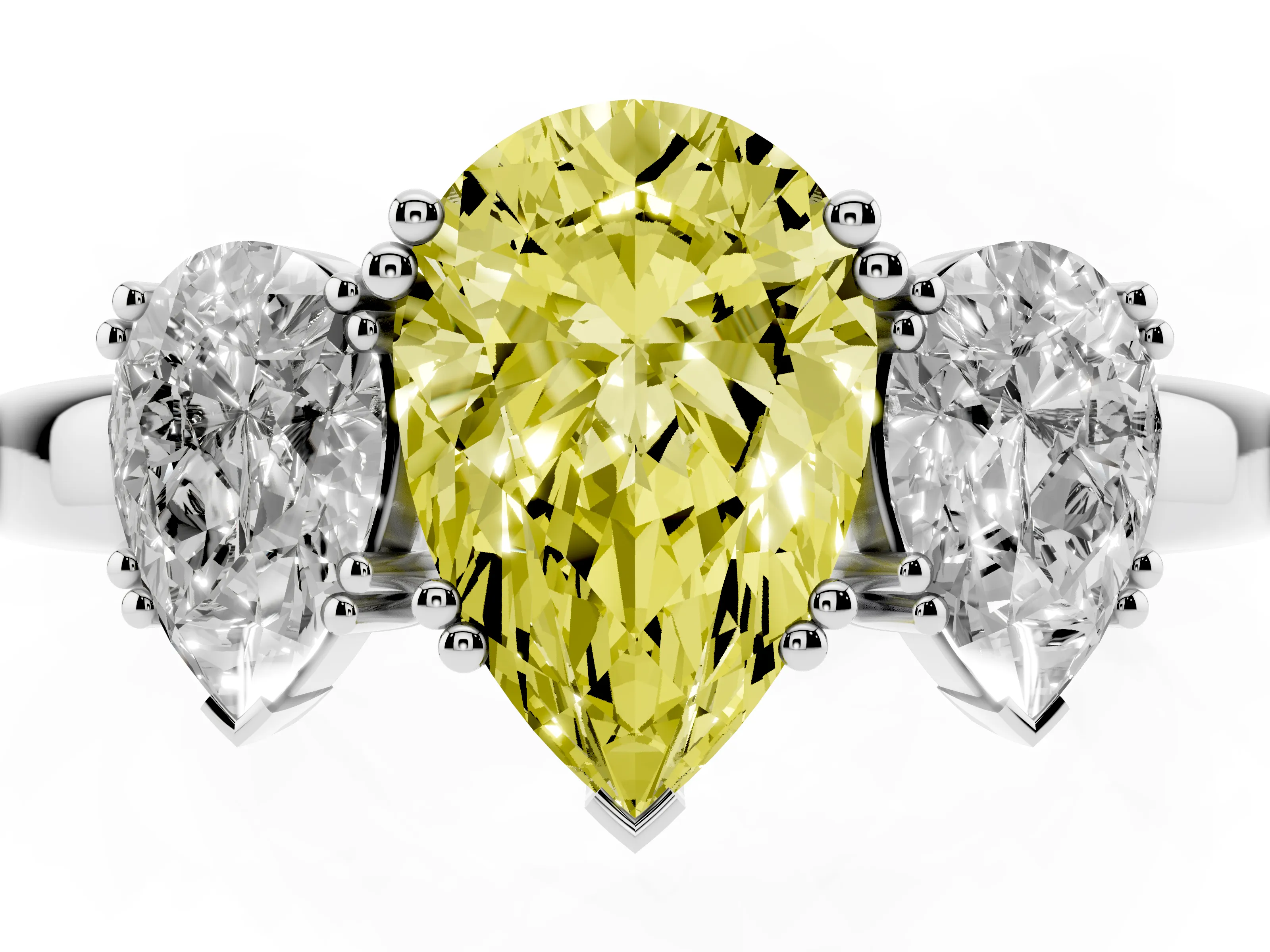 Fancy Yellow Pear Cut Diamond Three-Stone Ring Set in White gold with Polished Channel-Set Band