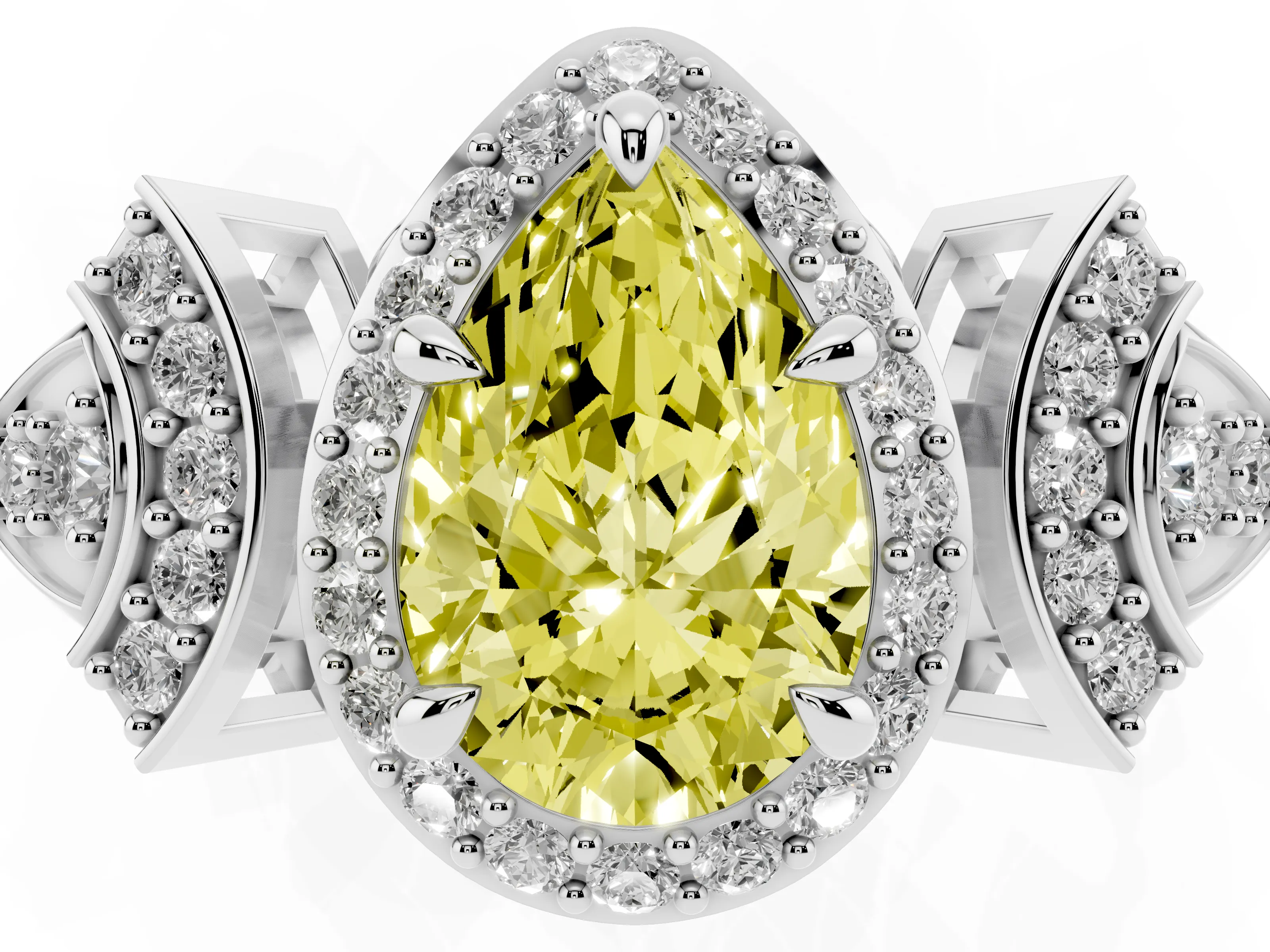 Fancy Yellow Pear Cut Diamond Halo Engagement Ring Set in Silver with Accent Stone Split Shank