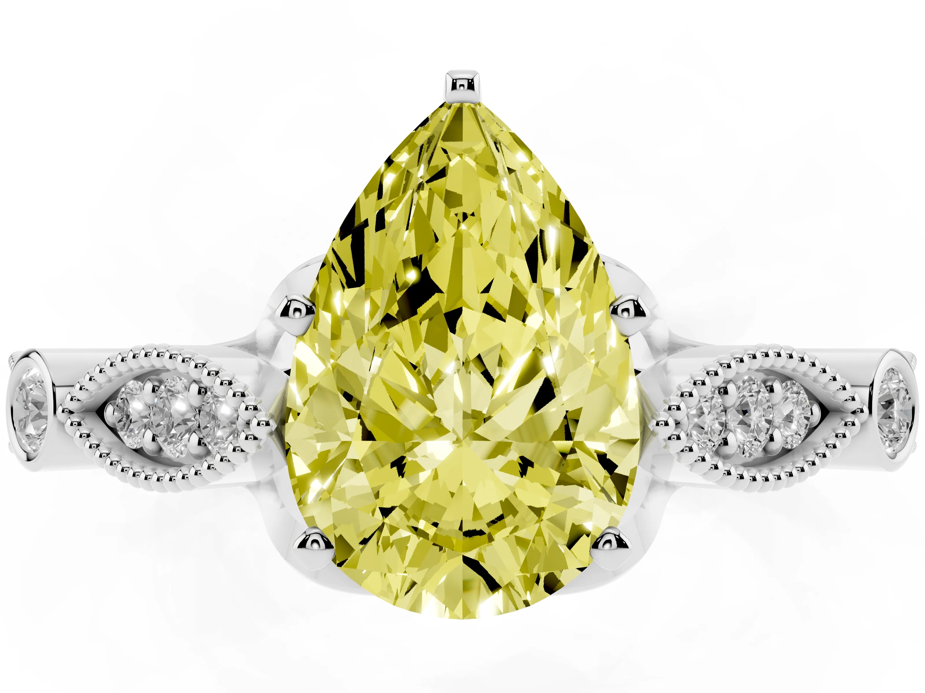 Fancy Yellow Pear Cut Diamond Solitaire Ring Set in Platinum with Milgrain Marquise and Bezel Accents