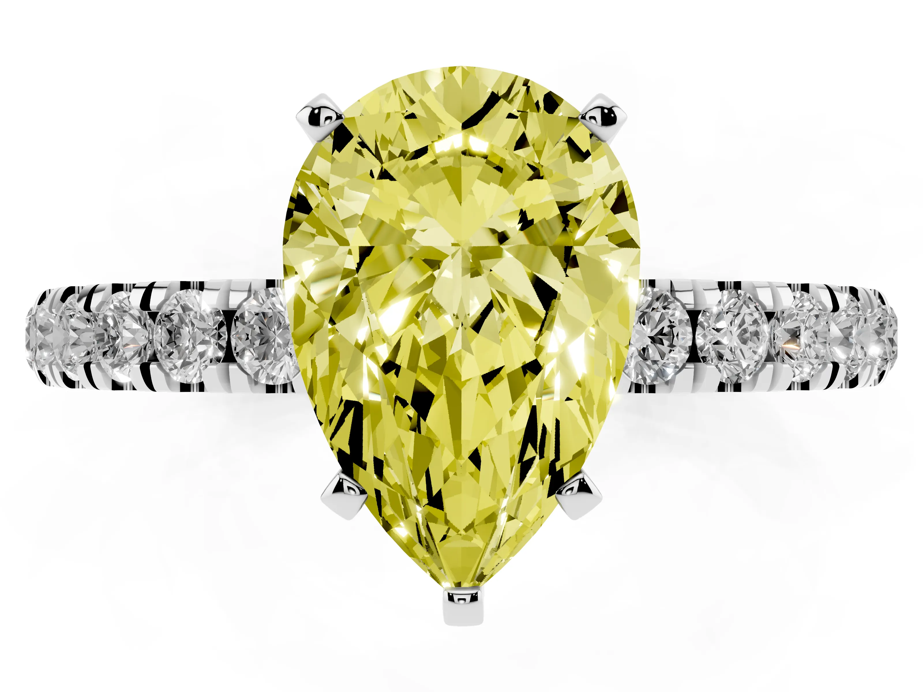 Fancy Yellow Pear Cut Diamond Solitaire Ring Set in Platinum with Pavé Accents and Prong Setting