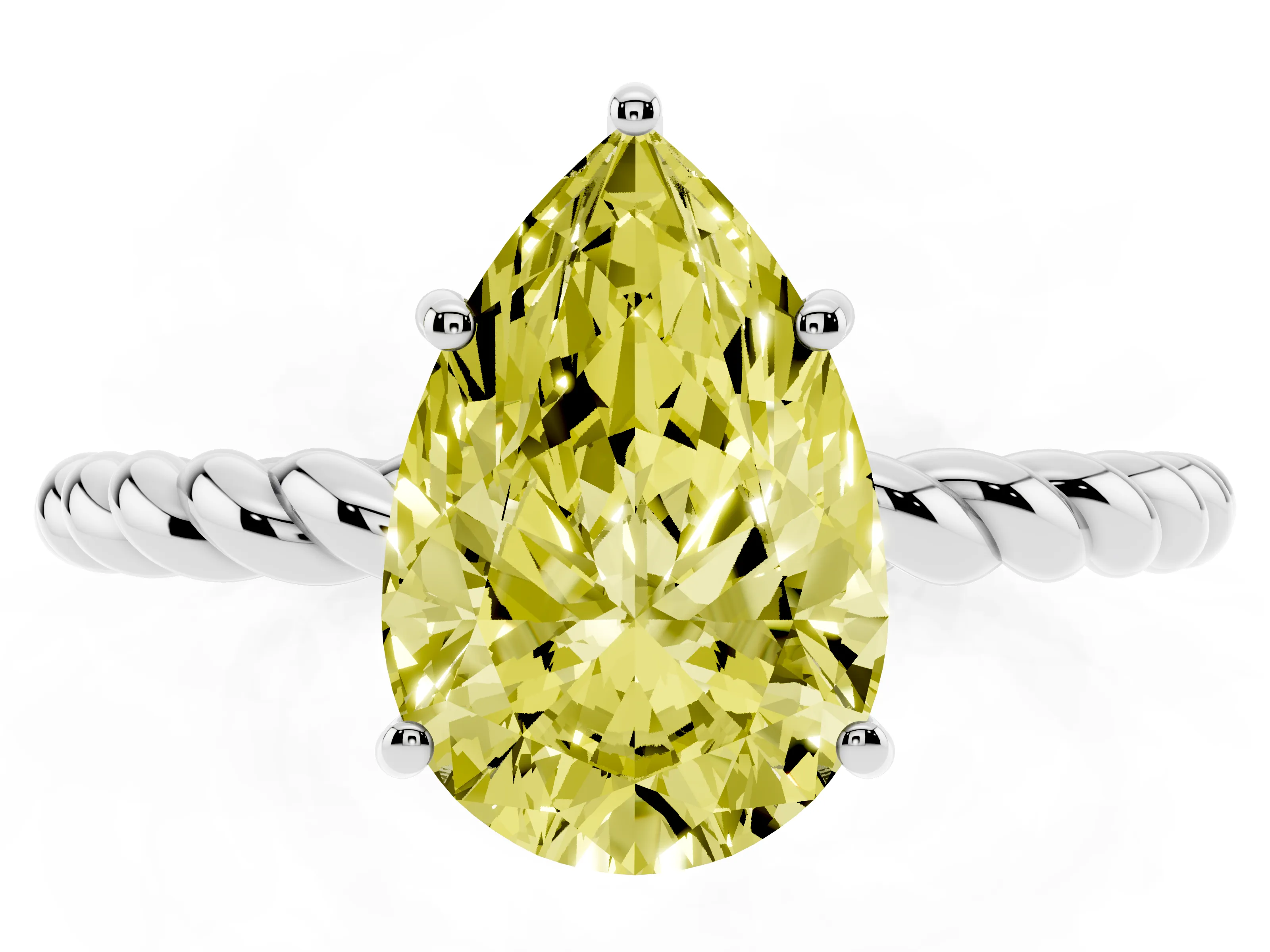 Fancy Yellow Pear Cut Diamond Solitaire Ring Set in Platinum with Twist Band and Prong Setting