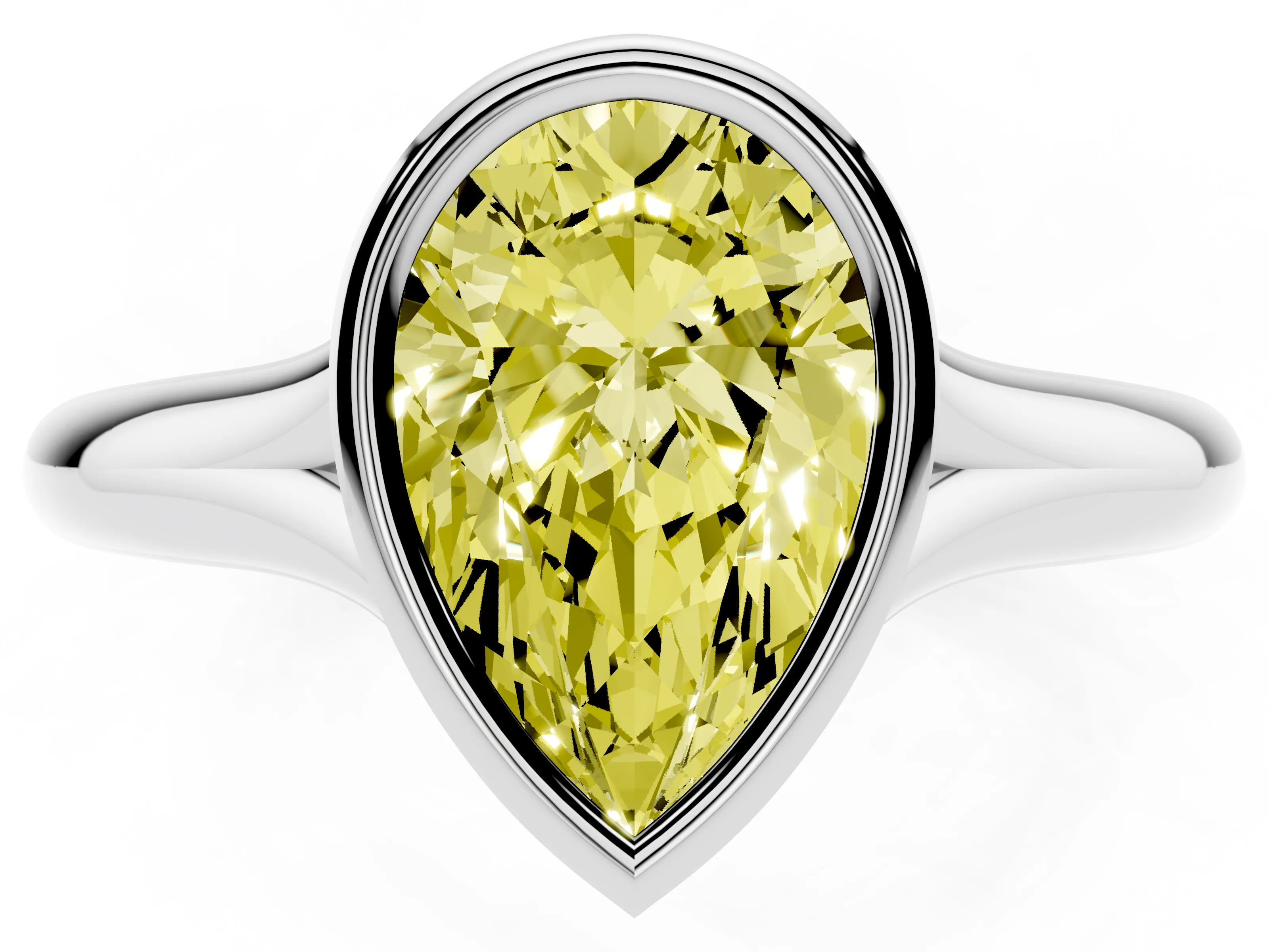 Fancy Yellow Bezel Set Pear Cut Diamond Solitaire Ring Set in Platinum with Smooth Band