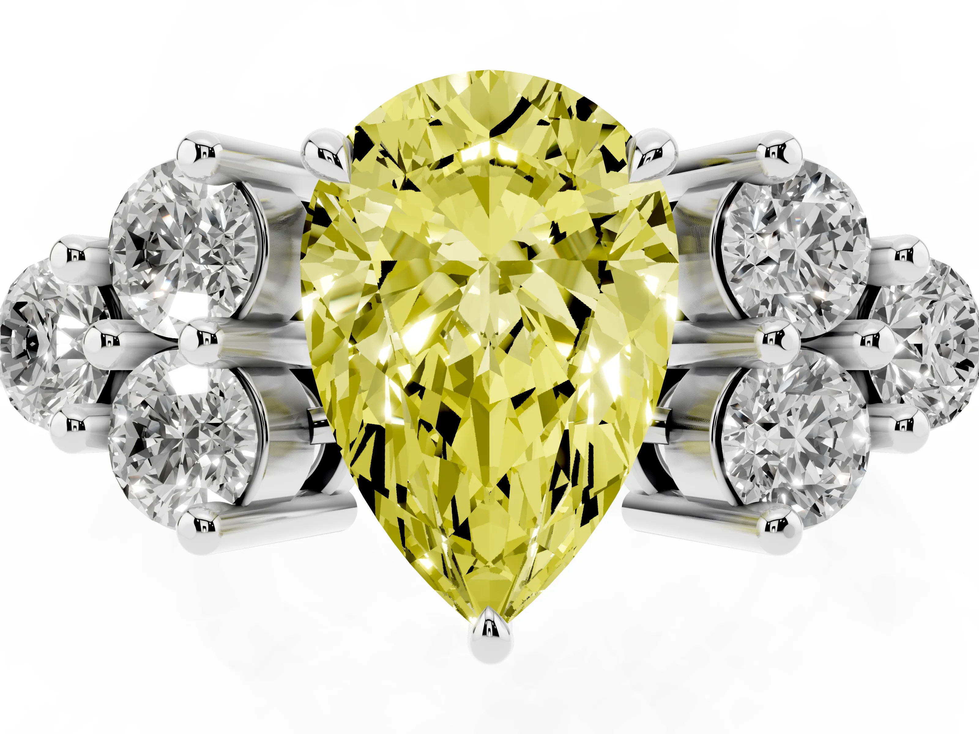 Fancy Yellow Pear Cut Diamond Solitaire Ring Set in Silver with Cluster Accents on Each Side