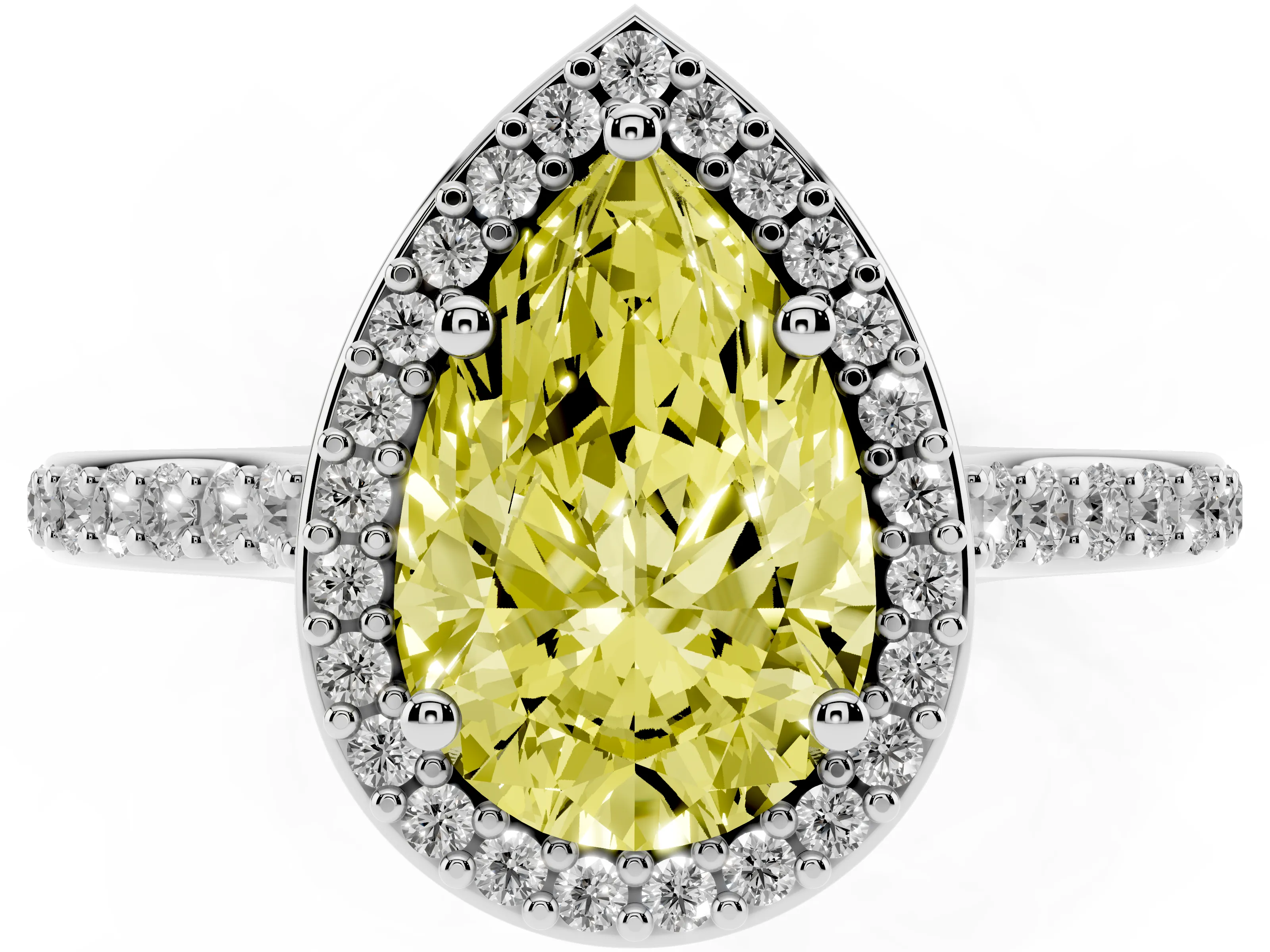 Fancy Yellow Pear Cut Diamond Halo Engagement Ring Set in White gold with Round Pavé Shoulders and Heart Gallery